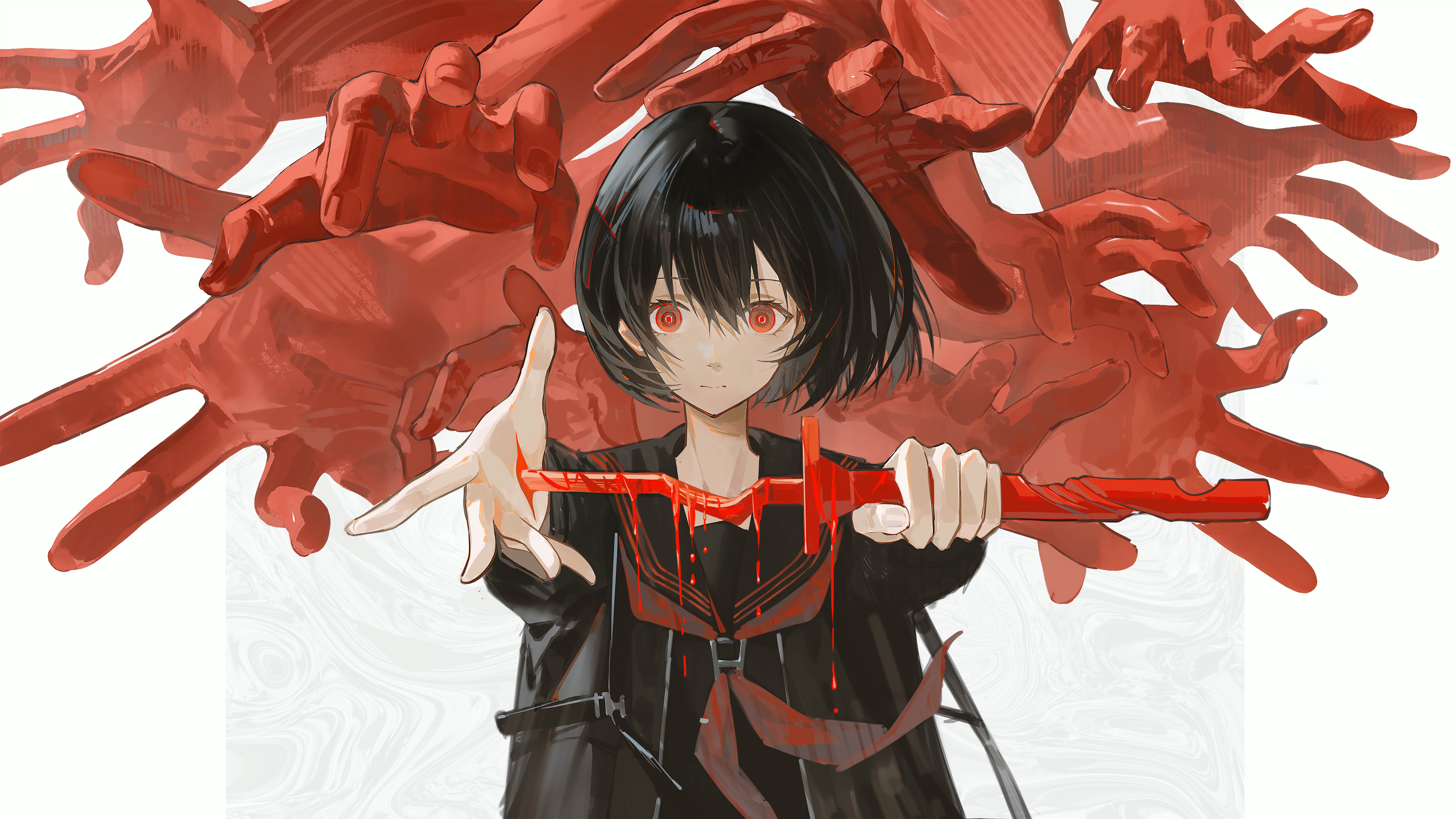 Anime Anime Girls Sword Hands Black Hair Red Eyes 3840x2160