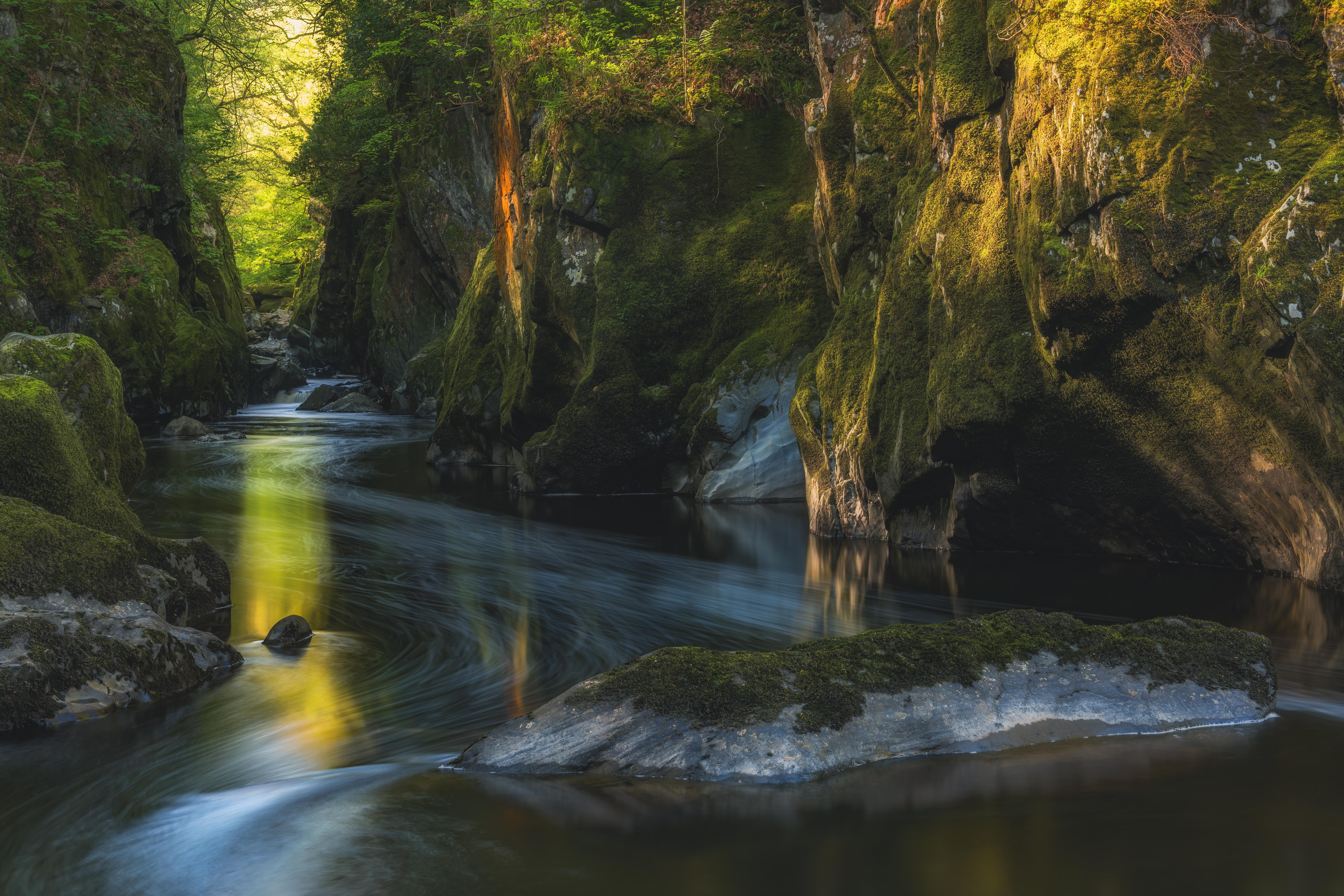 River Long Exposure Wales UK Nature Forest Moss Cliff Rocks Trees 6300x4200