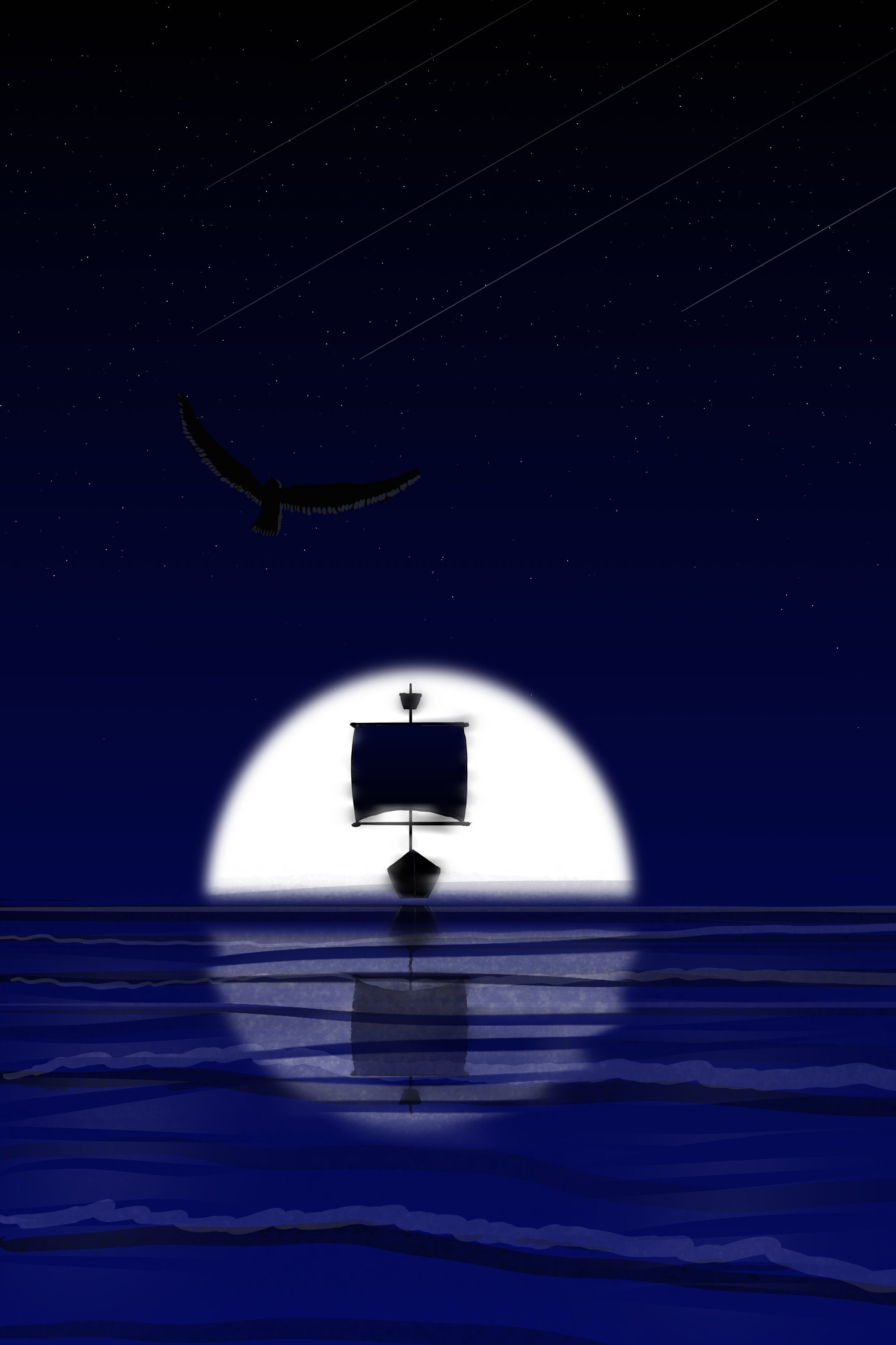 Moon Sea Ship Birds Water Waves Night Shooting Stars 2000x3000