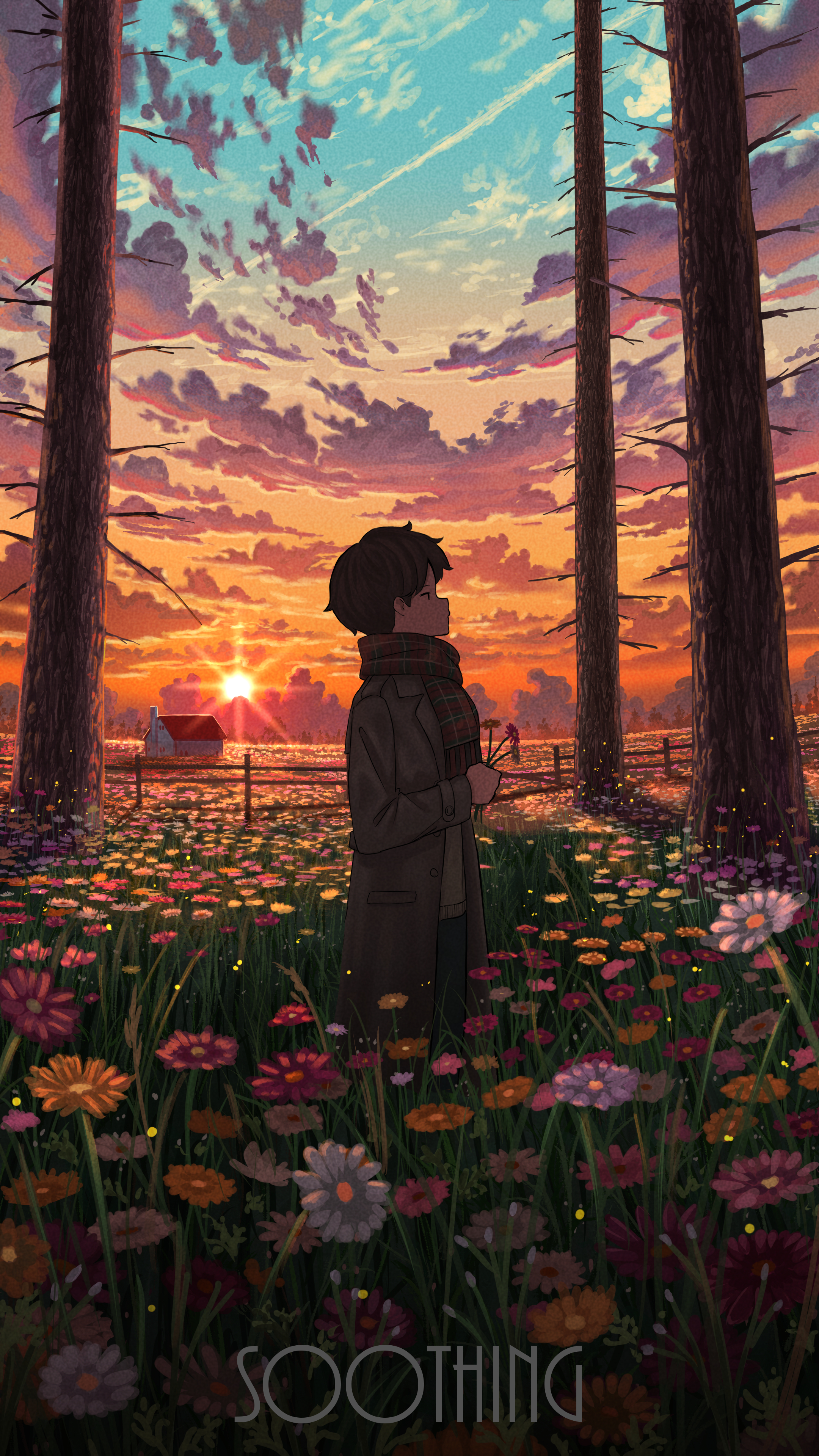 Anime Boys Brown Coat Sunset Long Sleeves Red Scarfs Standing Flowers Wood Fence Sunset Glow Field L 2160x3840