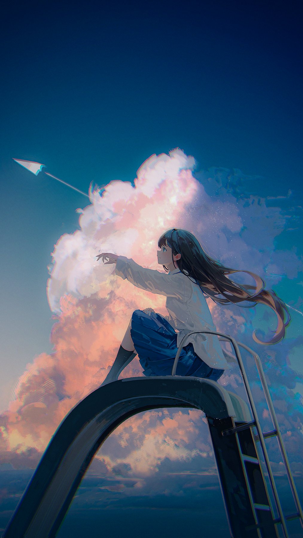 Chocoshi School Uniform Schoolgirl Looking Up Hair Blowing In The Wind Cumulus Paper Planes Portrait 1013x1800