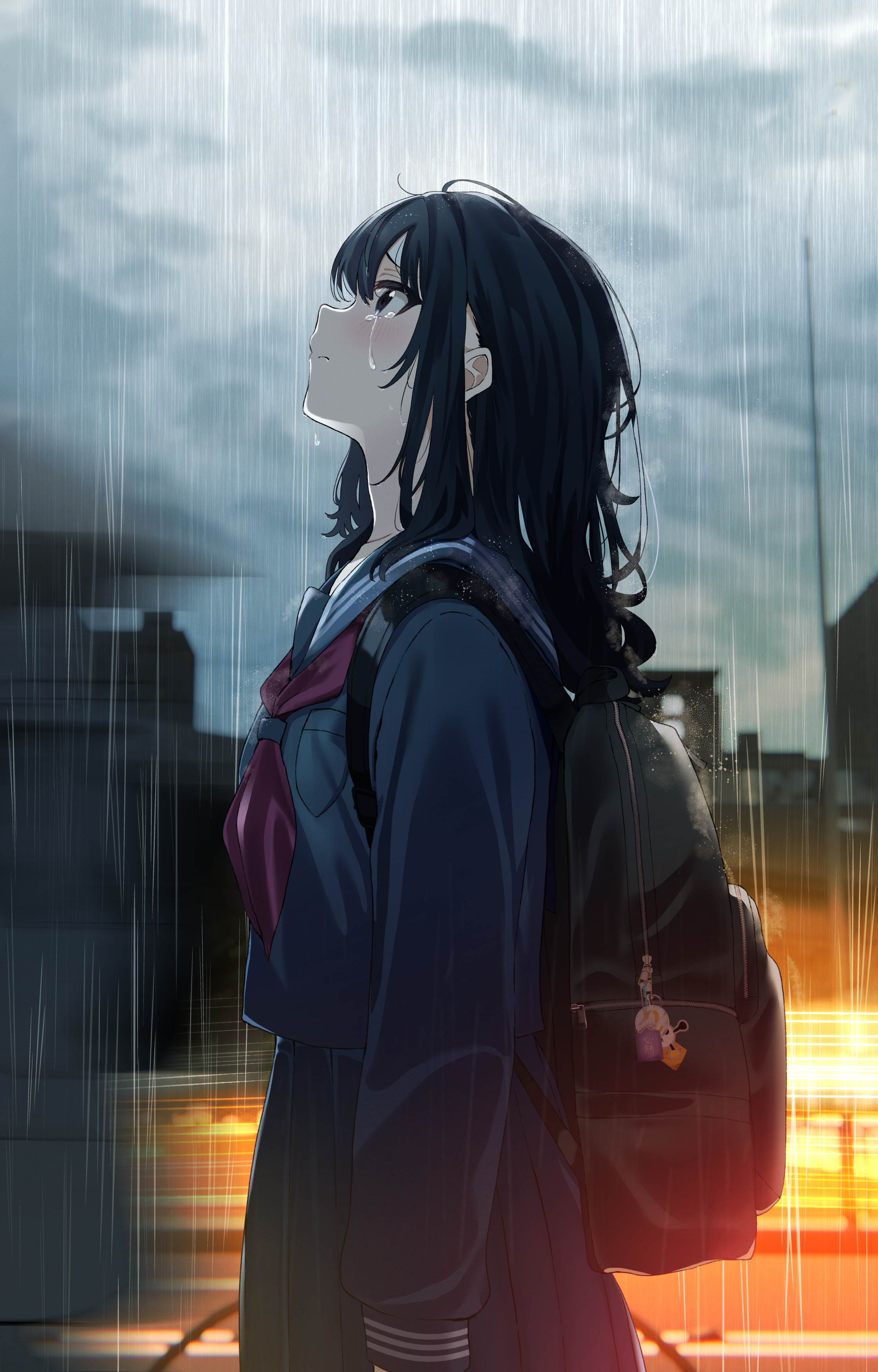 Anime Girls Anime Standing Rain Schoolgirl Crying Looking Up 2240x3500