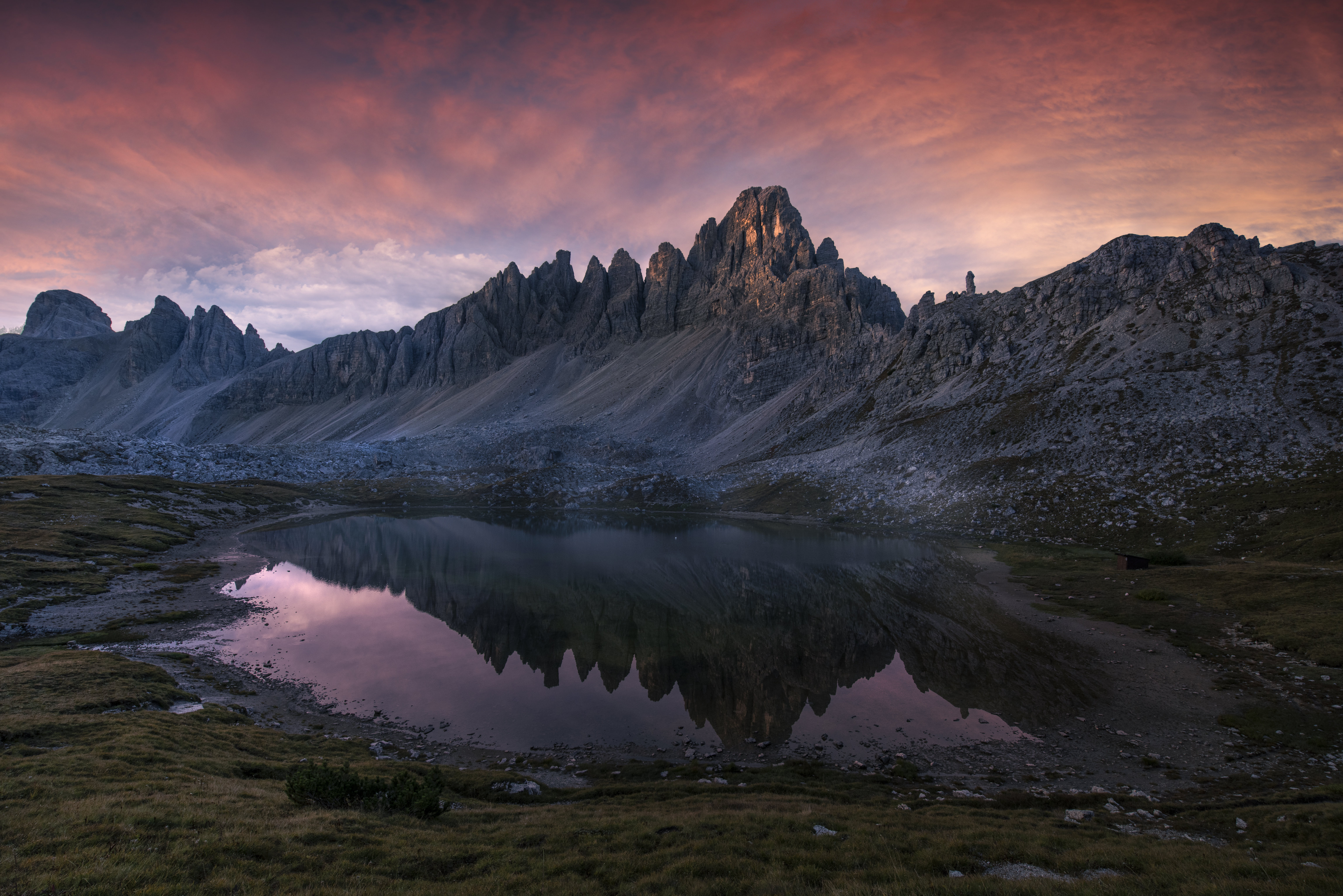 Nature Landscape Mountains Lake Water Grass Clouds Sky Pink Clouds Dolomites Rocks Italy 6143x4100