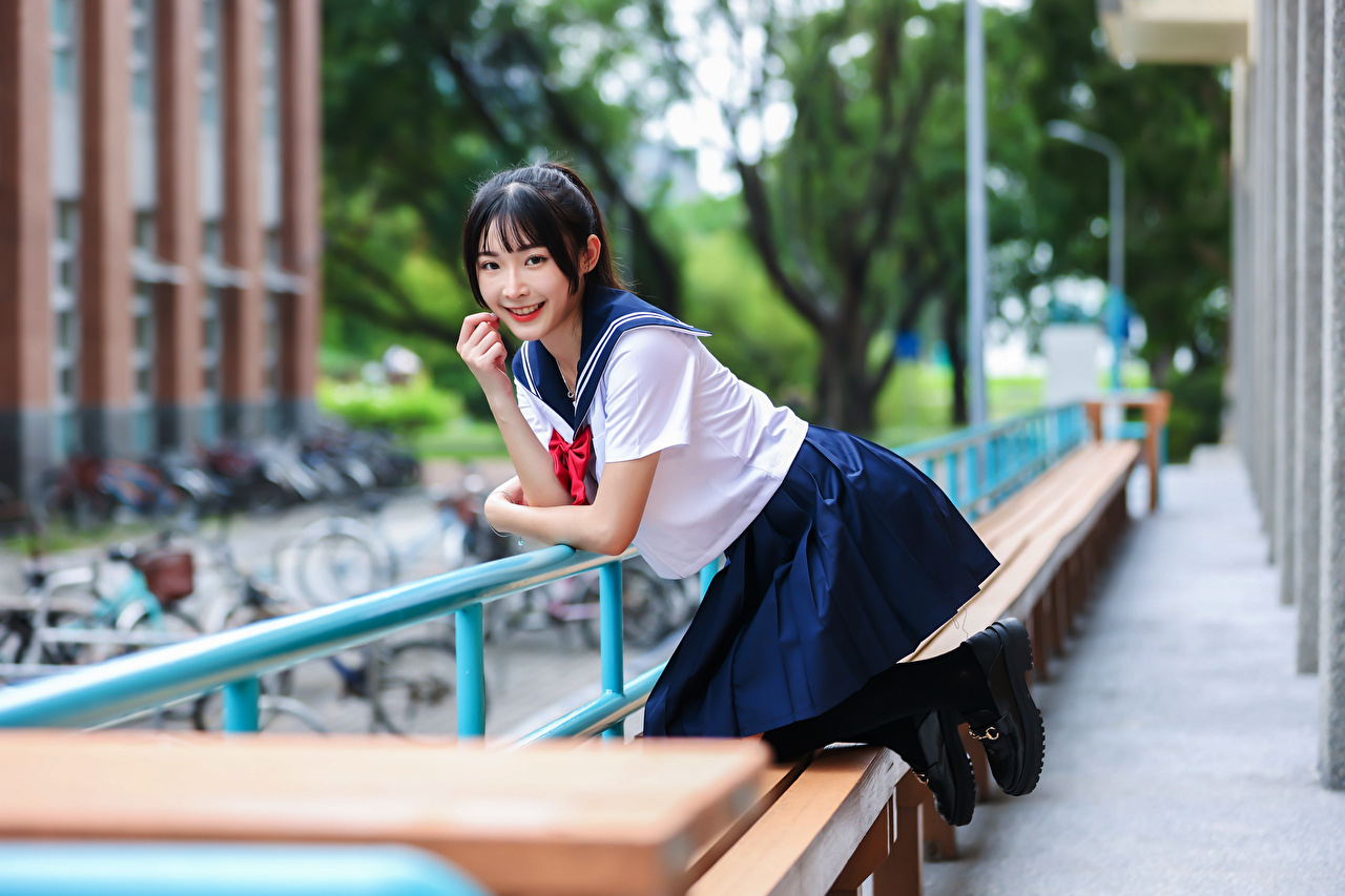 Asian Women Smiling Looking At Viewer Schoolgirl School Uniform 1280x853