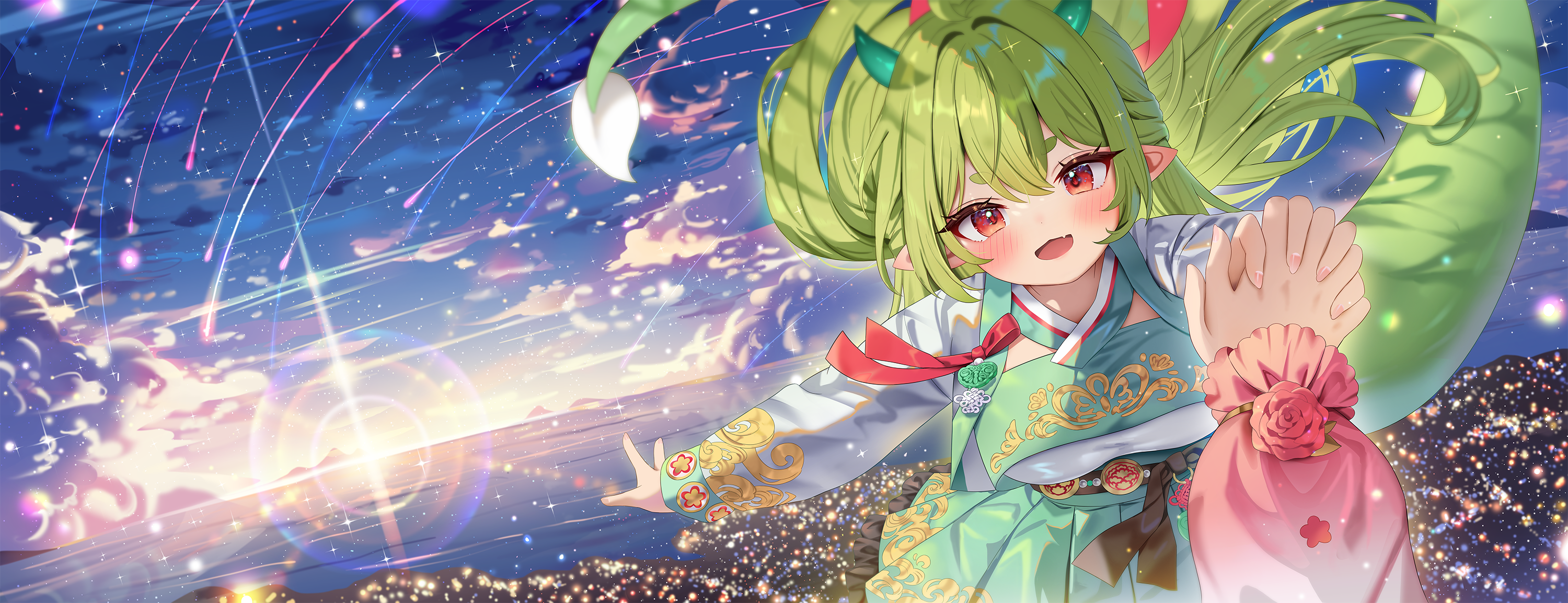 Anime Anime Girls Green Hair Red Eyes Devil Horns Tail Chinese Dress Meteor Streak Horizon City Ligh 3000x1154