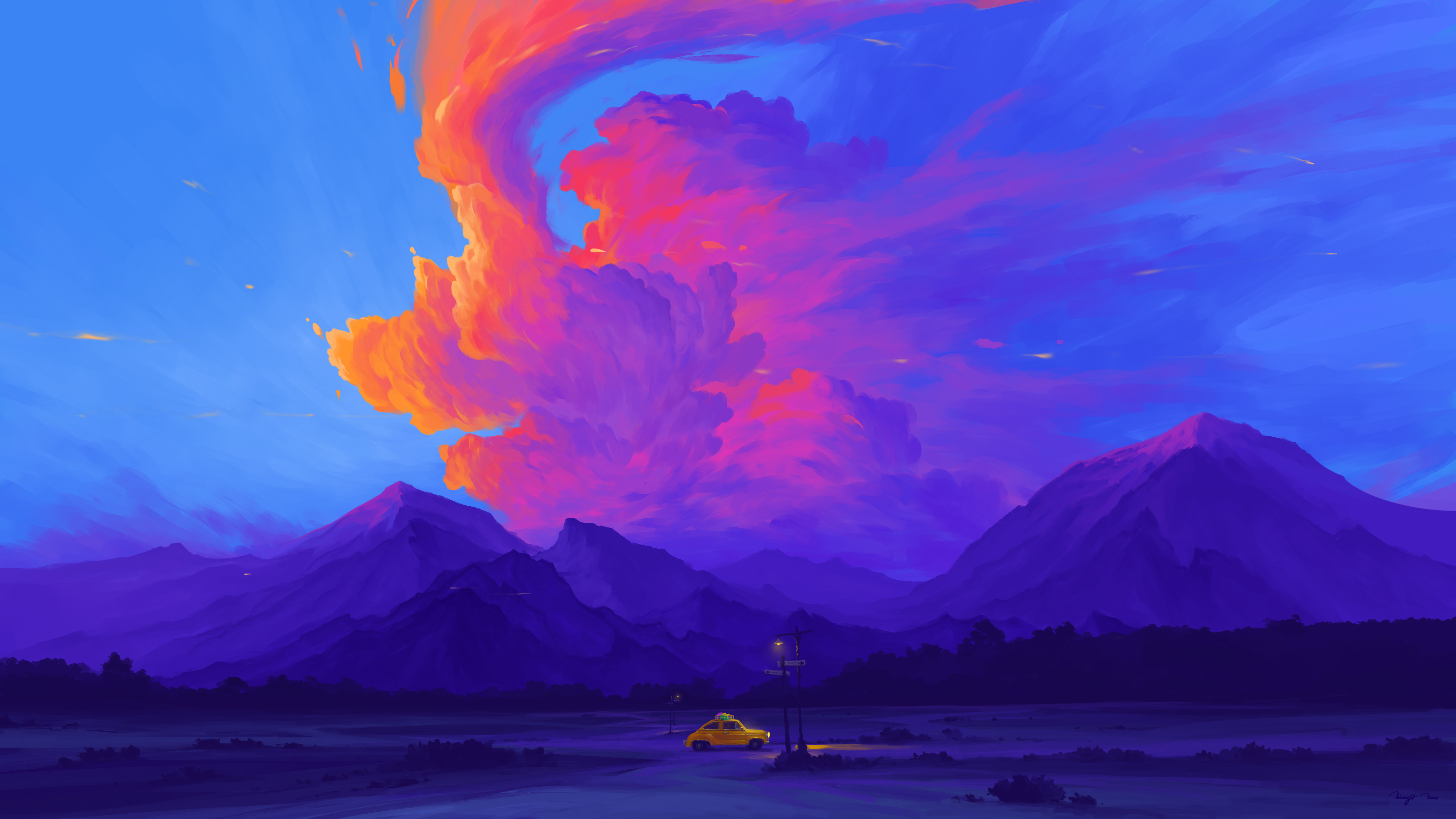 BisBiswas Digital Art Artwork Illustration Landscape Nature Mountains Clouds Vehicle Car Signature F 3840x2160