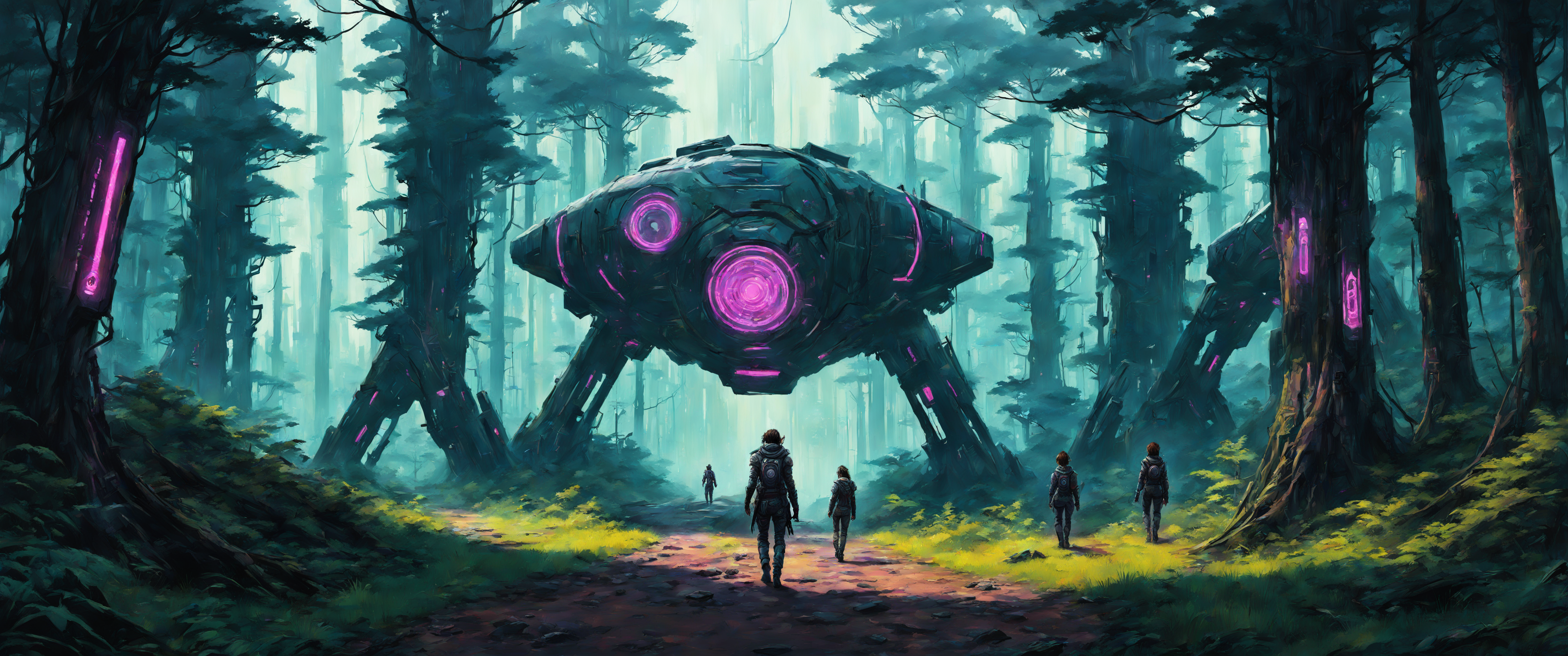 Cyberpunk Digital Art Futuristic Neon Forest Landscape Science Fiction 3440x1440