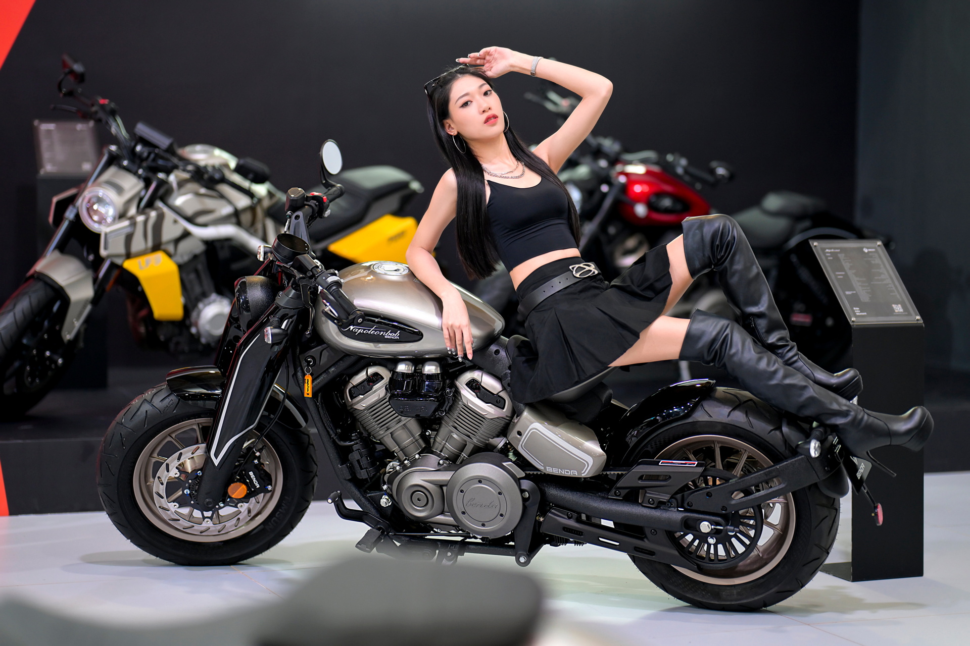 Asian Model Women Long Hair Dark Hair Sitting Biker Girl Motorcycle Knee High Boots 1920x1280