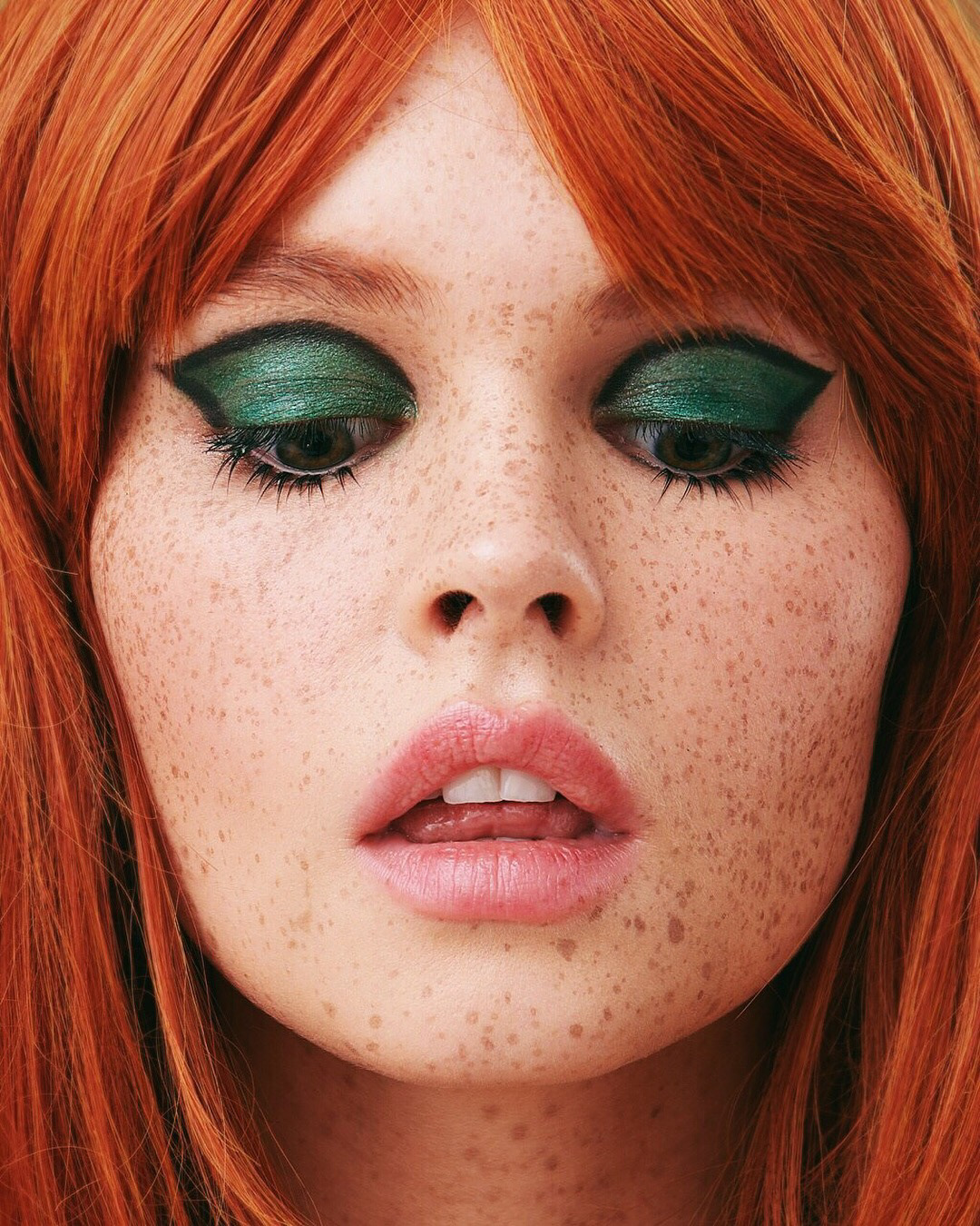 Face Portrait Readhead Freckles Model Makeup Parted Lips Closeup Women 1080x1350