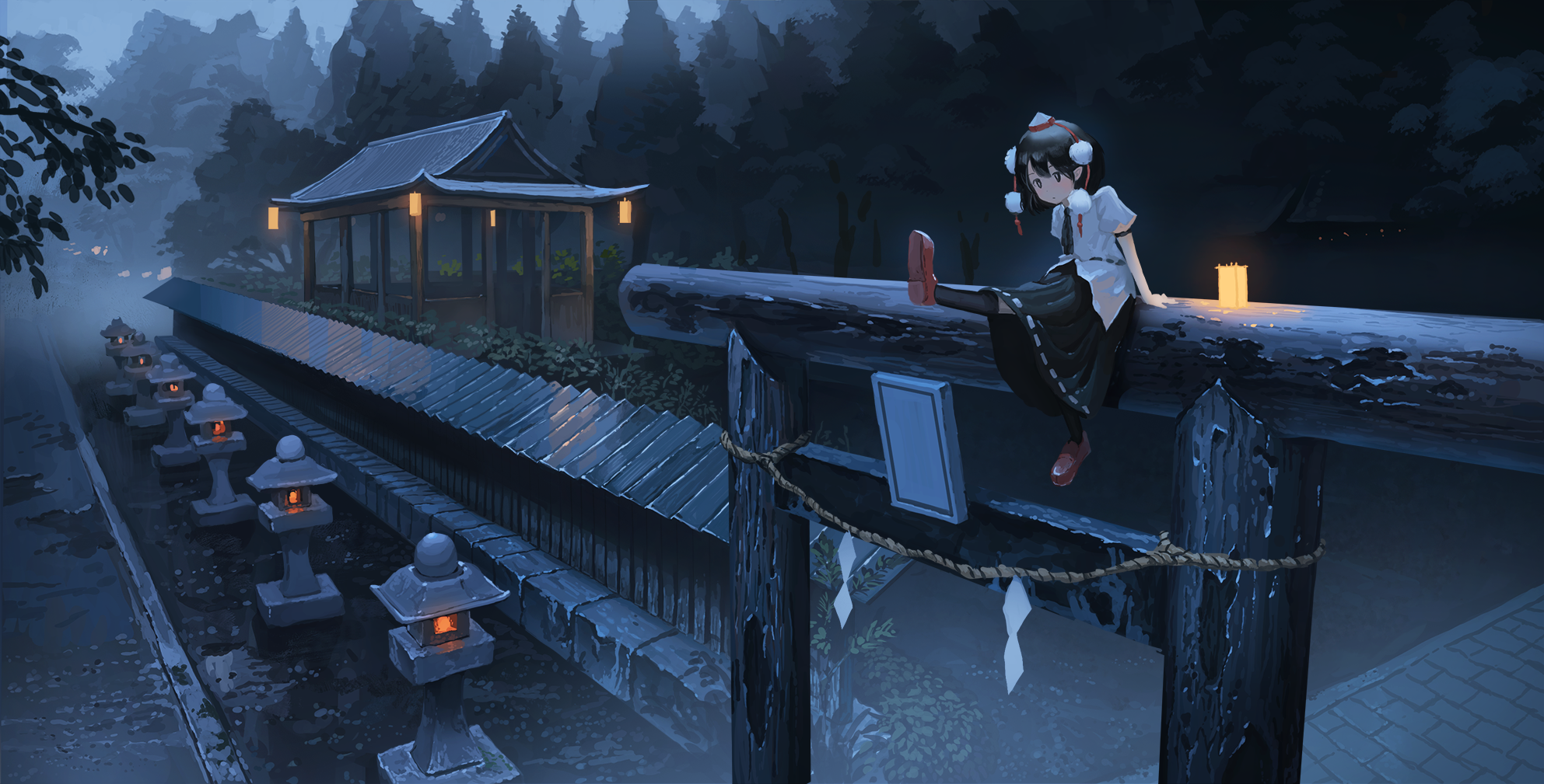 Shameimaru Aya Lantern Shrine Night Forest Stone Lantern Touhou 1985x1009