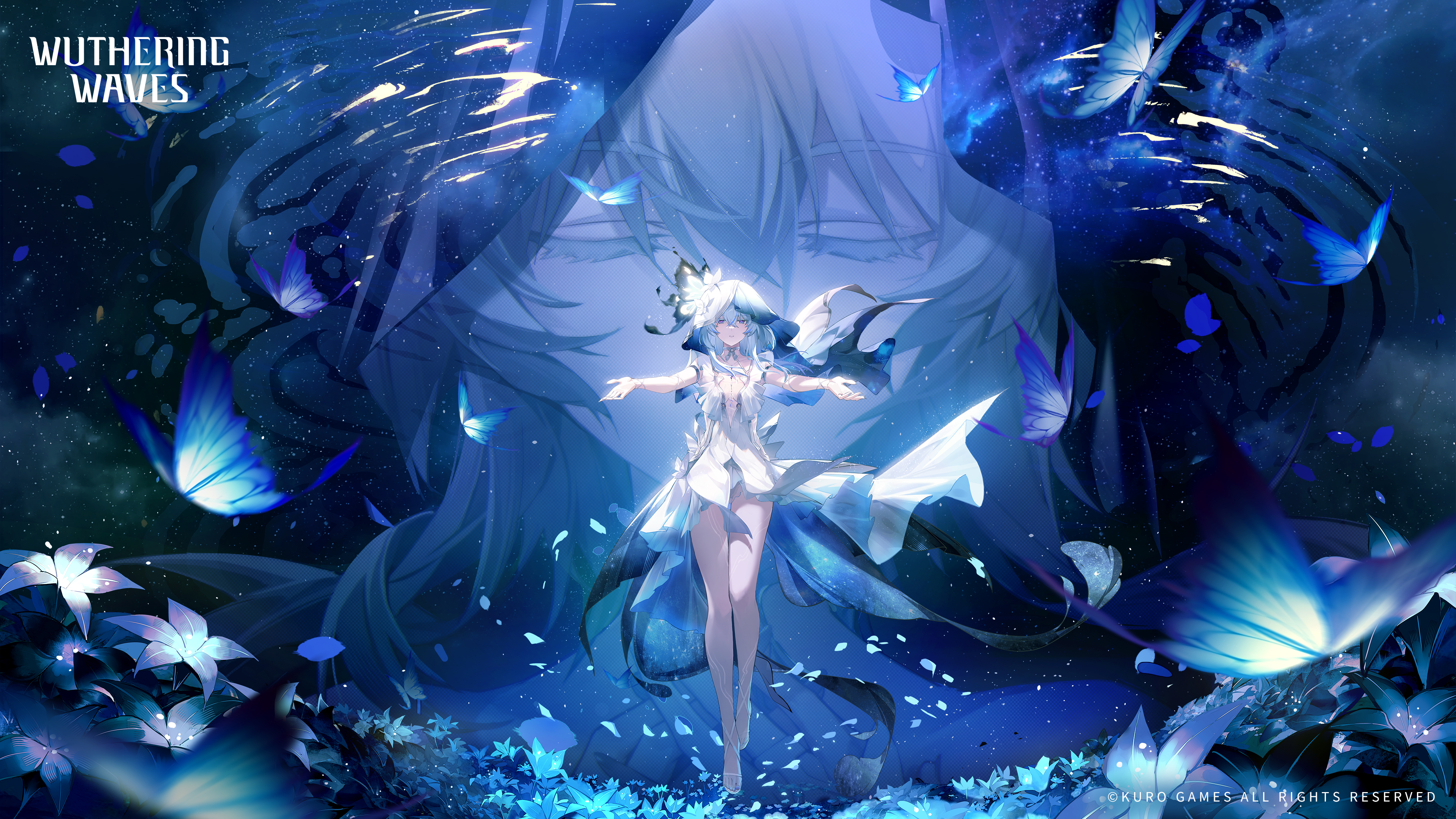 Wuthering Waves Shorekeeper Wuthering Waves Video Game Art Video Game Girls Blue Butterflies Flowers 3840x2160