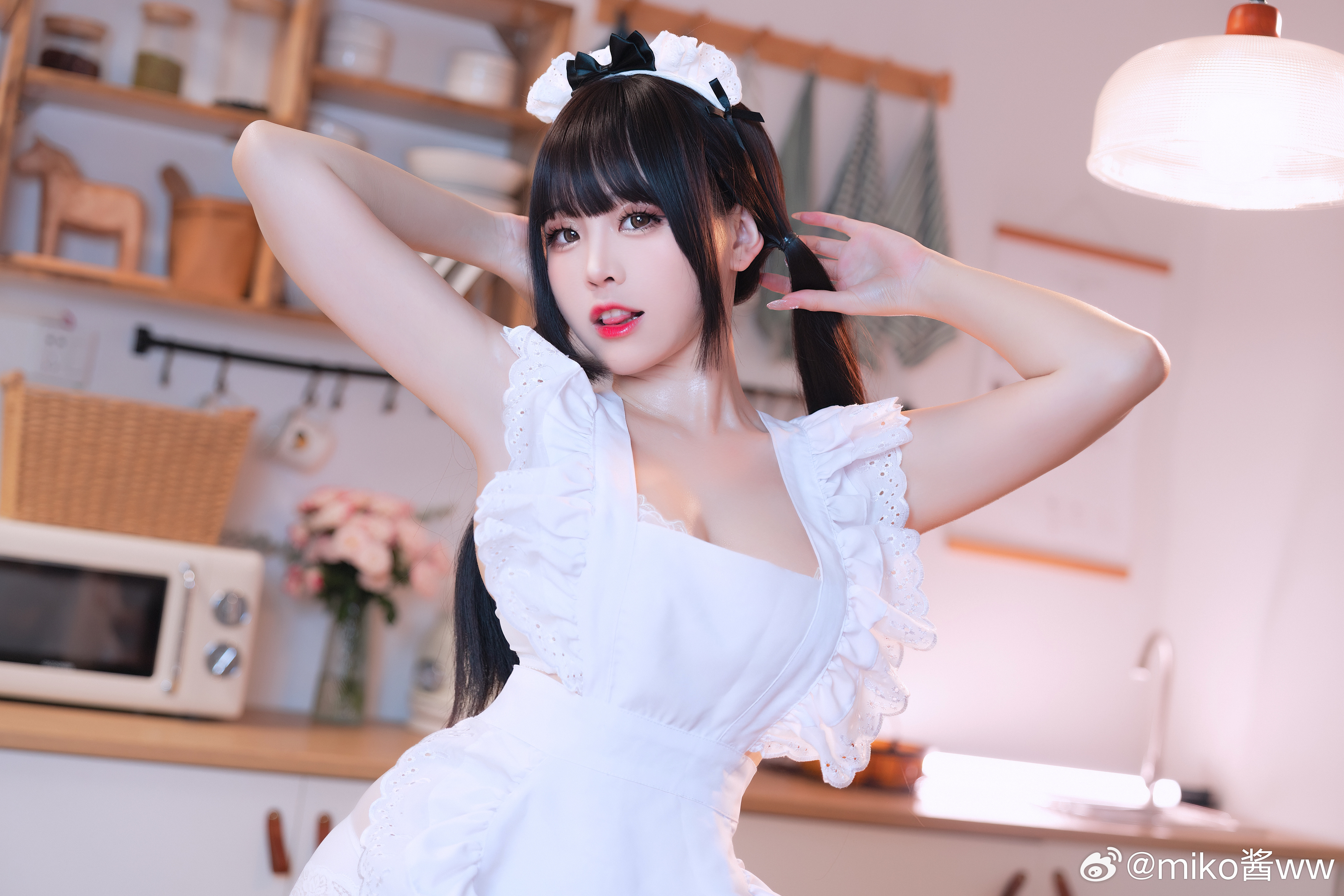 Cosplay Women Model Asian Brunette Brown Eyes Red Lipstick Parted Lips Maid Outfit White Apron Apron 4096x2732