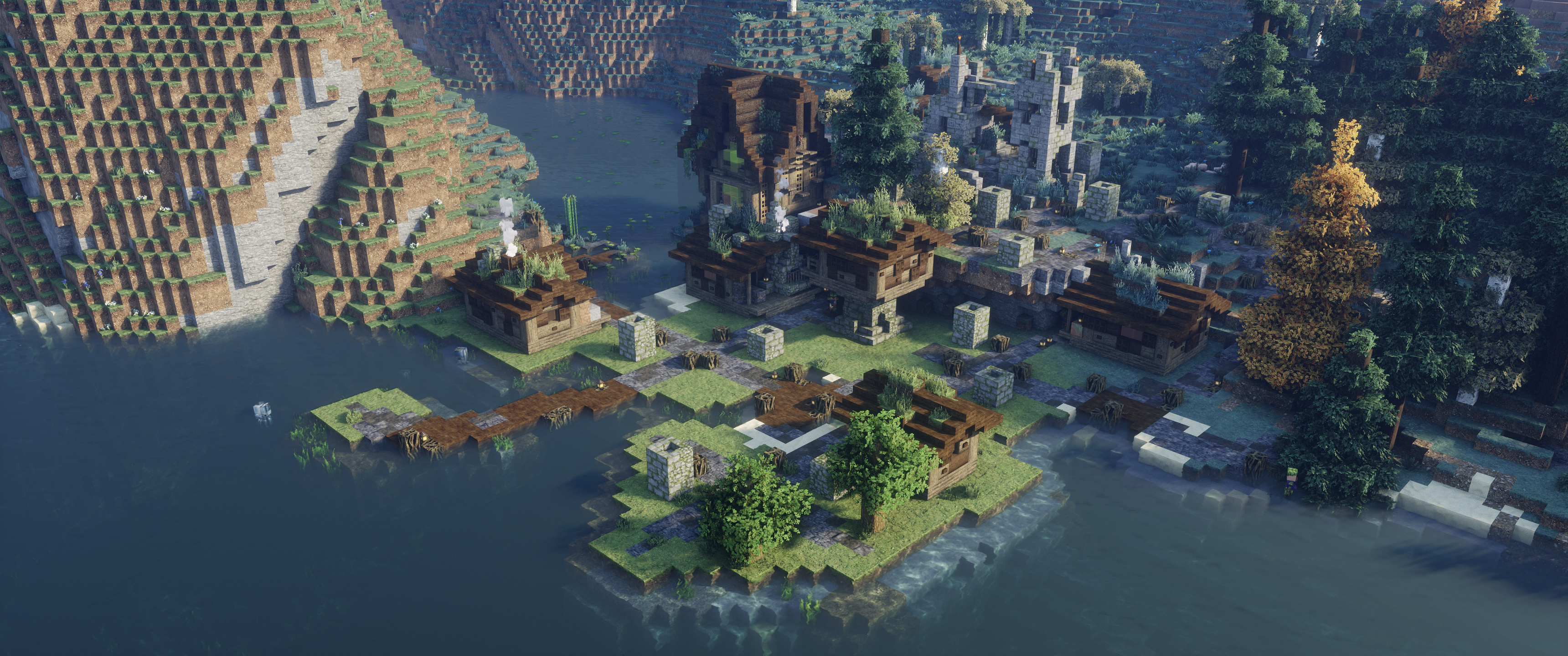 Minecraft Shaders Village River Video Games Video Game Landscape Mojang 3440x1440