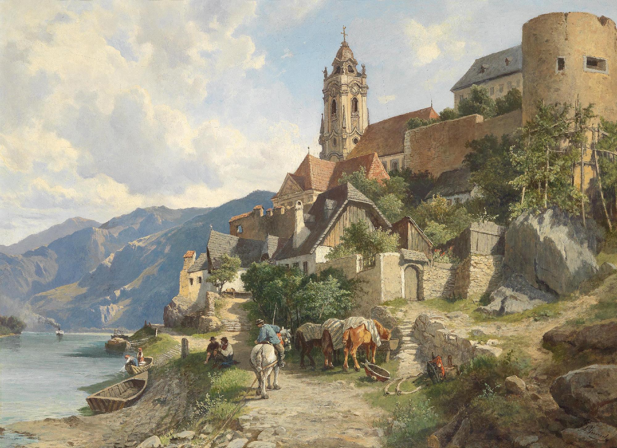 Leopold Munsch Landscape City Medieval Church Lake Mountains Horse Boat Painting Austria Castle 2000x1453