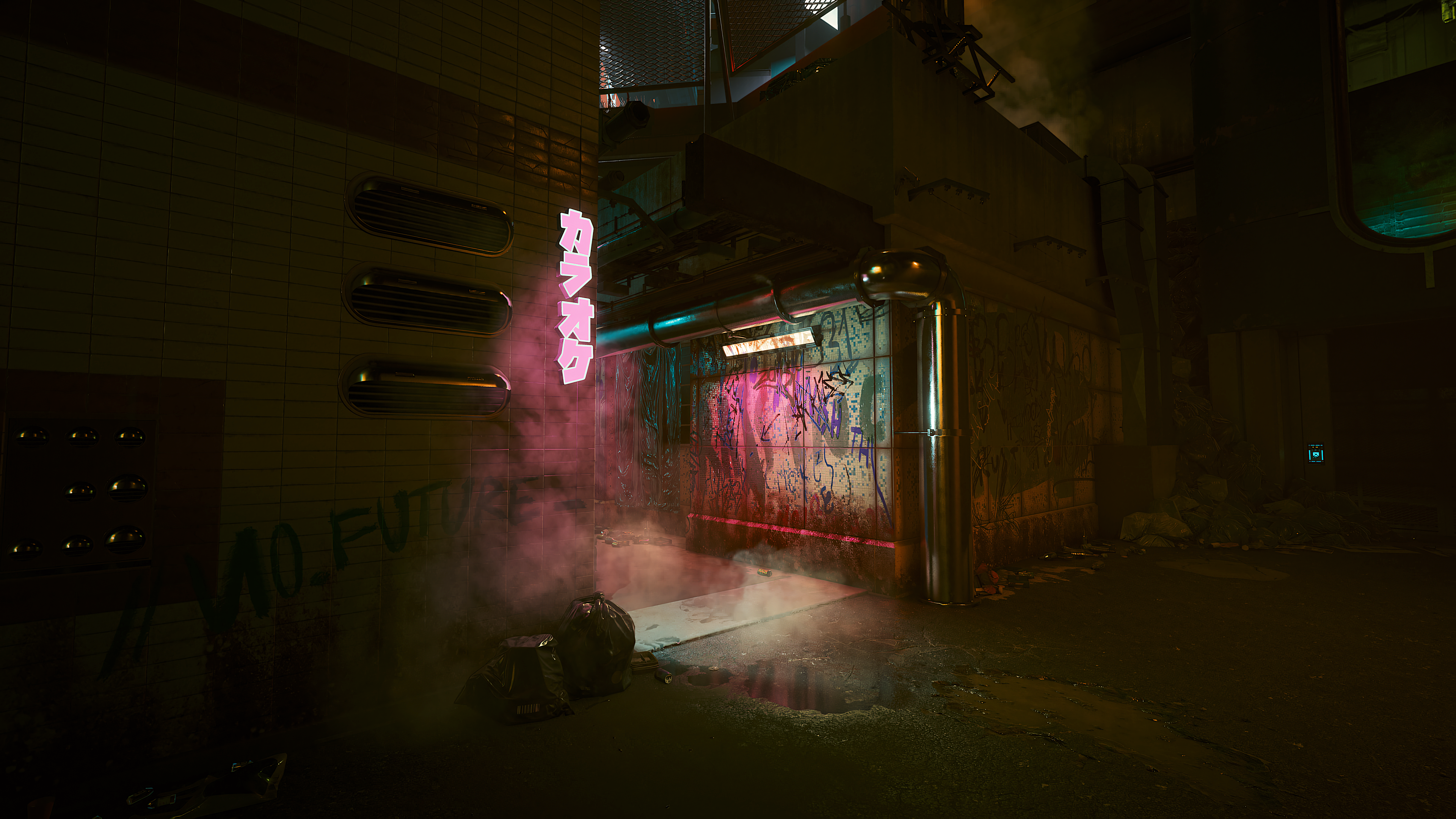 Alleyway Street Art Street Graffiti Pipes Fog Neon Lights Night Trash Cyberpunk 2077 Cyberpunk Video 3840x2160