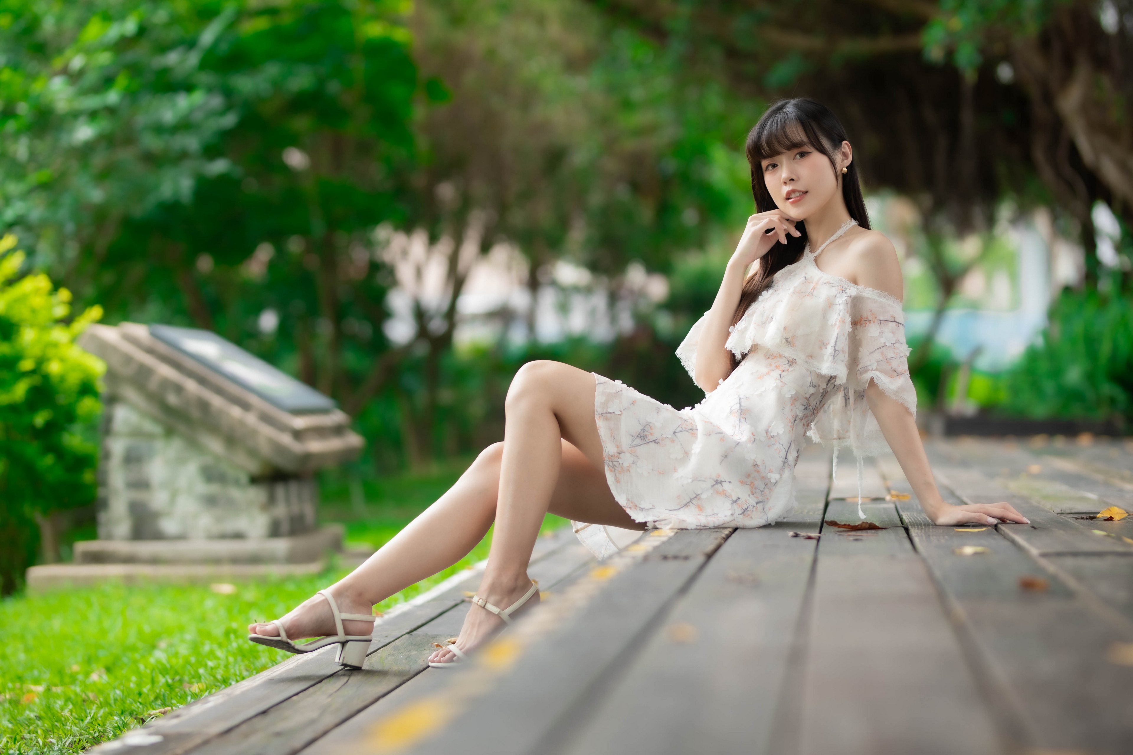 Asian Model Women Long Hair Dark Hair Sitting Stairs 3840x2560