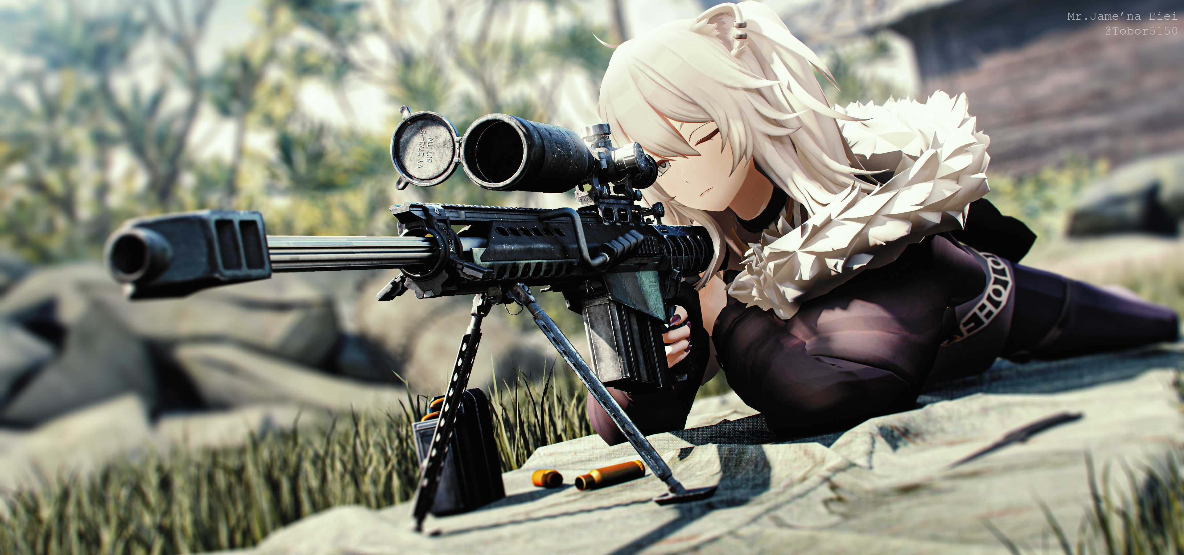 Artwork Anime Girls CGi Caucasian Blue Eyes Blonde White Hair Sniper Rifle Jacket Military Coat Scop 3840x1800