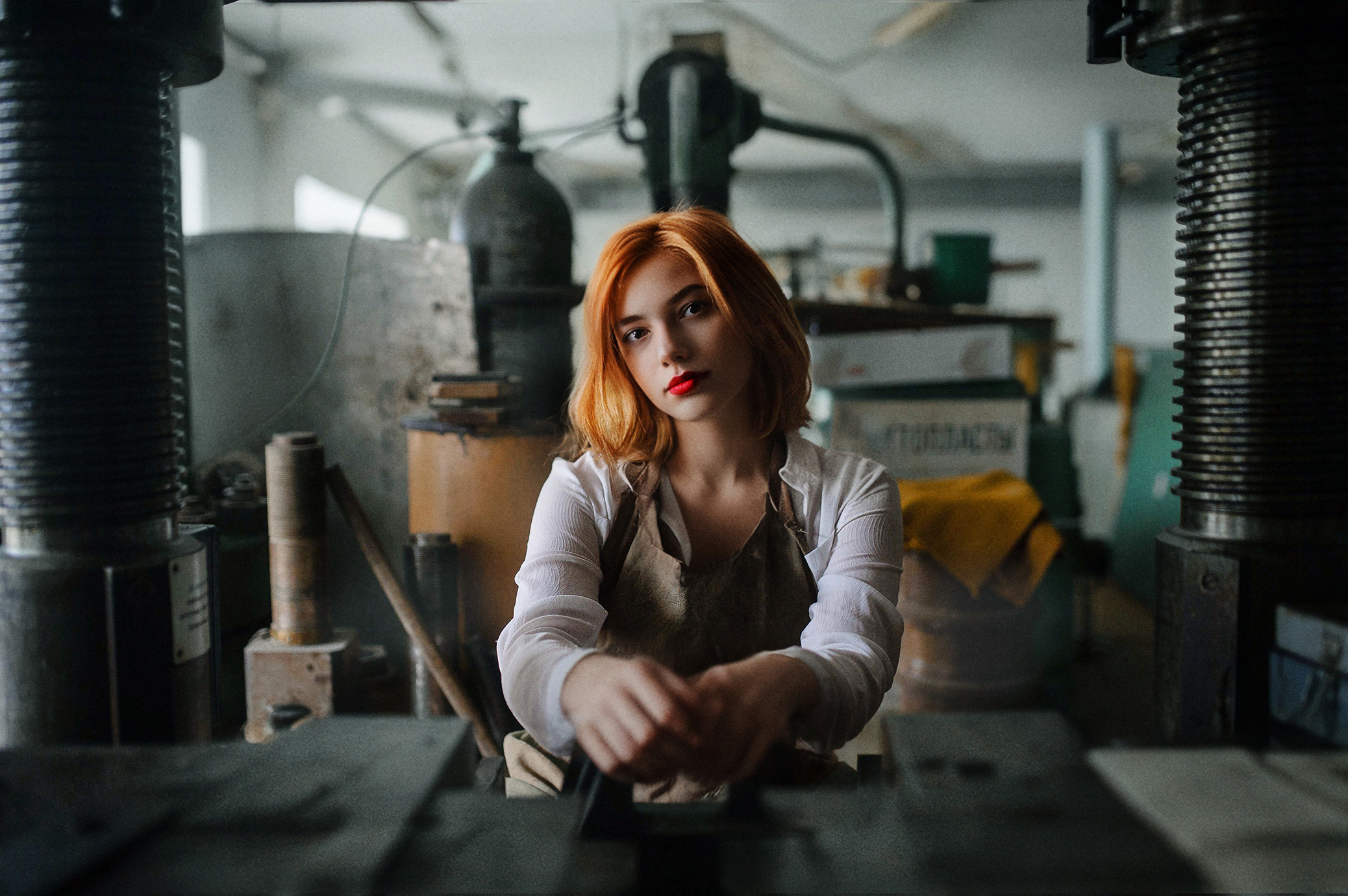 Denis Lytkin Women Redhead Red Lipstick Factories Workers 2076x1381