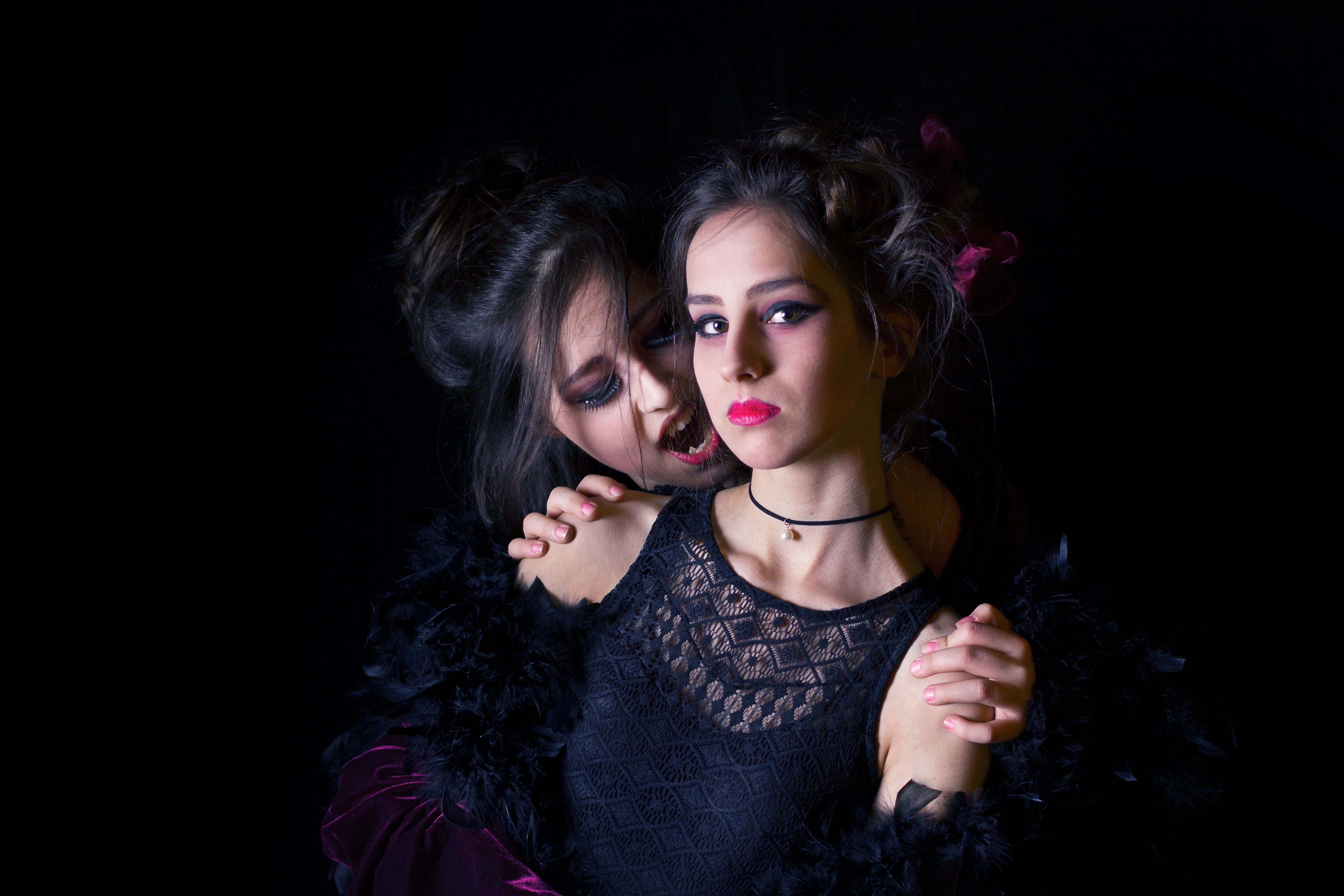 Women Portrait Black Clothing Two Women Brunette Makeup Red Lipstick Open Mouth Biting Choker Black  4746x3164