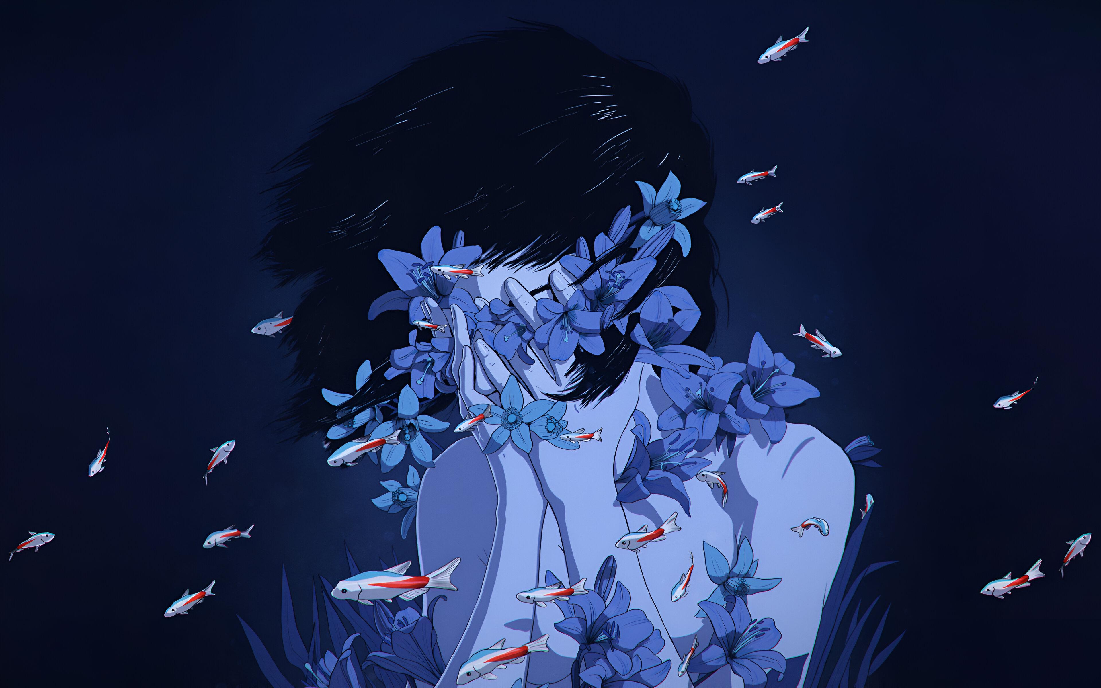 Blue 4K Koi Fish Fish Anime Anime Girls Flowers Dark Hair Perfect Blue Hand On Face Louis Picard Art 3840x2400