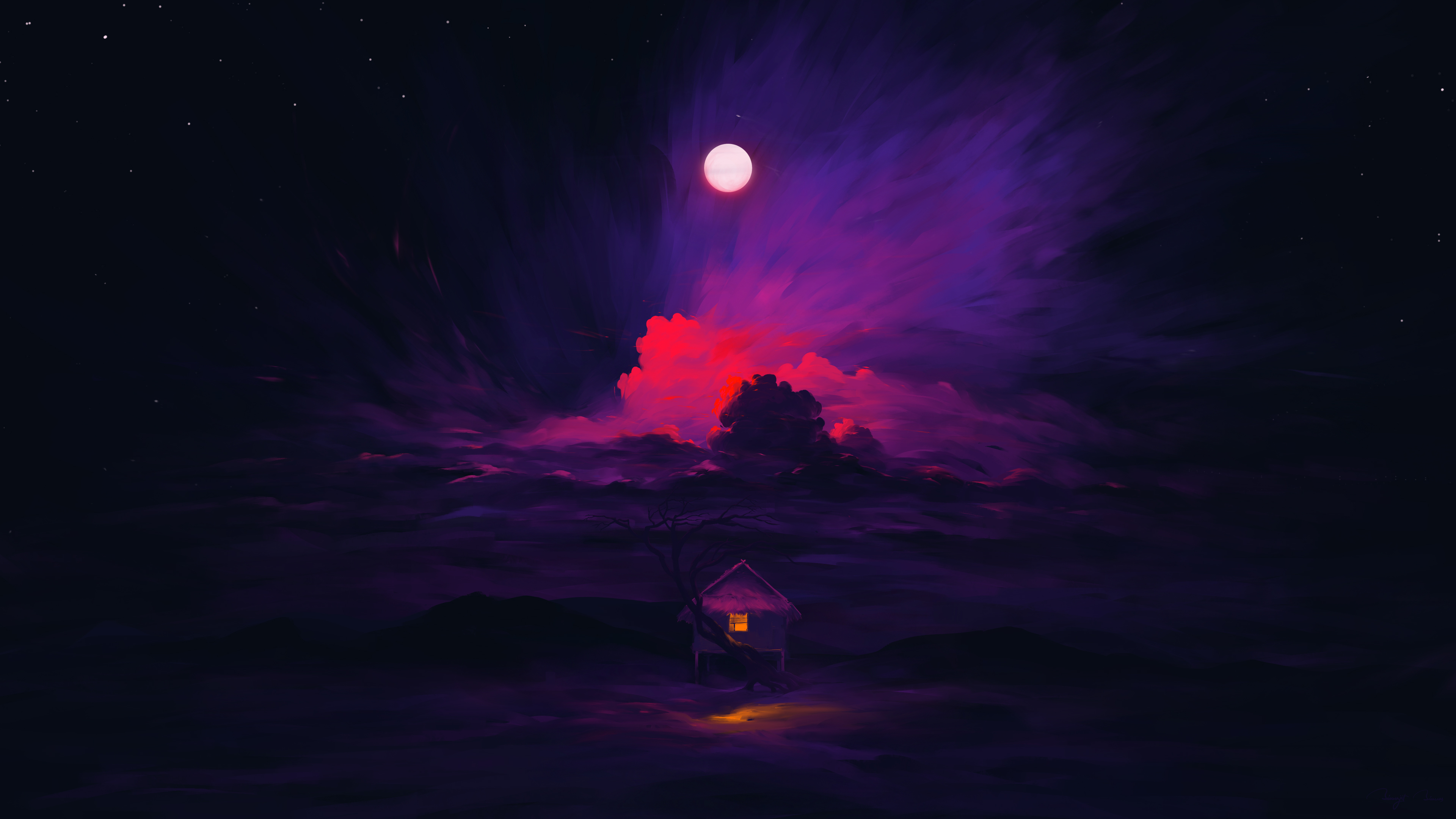 BisBiswas Digital Art Artwork Illustration Landscape Clouds Night Nightscape Moon House Stars 4K Sig 3840x2160
