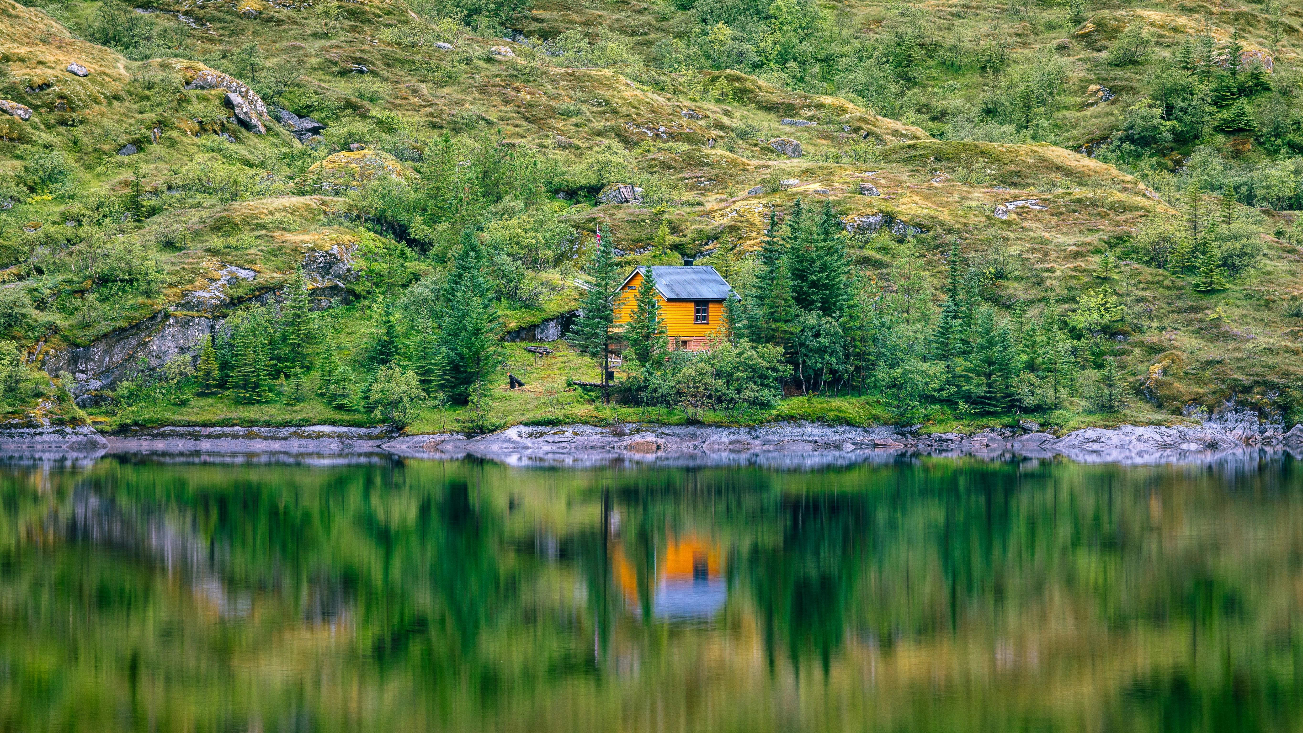 Landscape Nature Environment Trees Lake Reflection Cabin 5457x3070