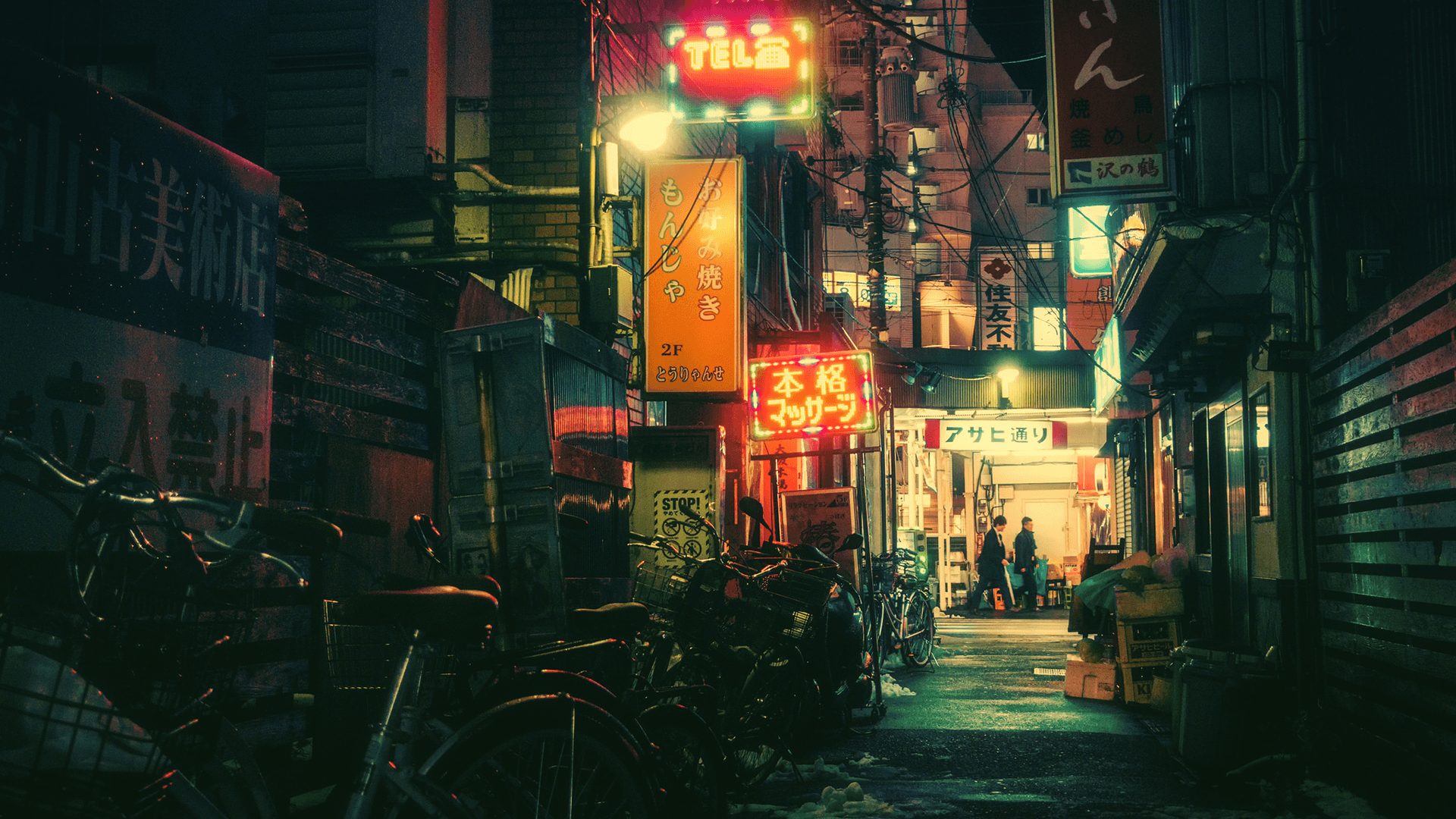 Tokyo Night Photography Bicycle Backstreet Neon Sign People Japan Low Light 1920x1080