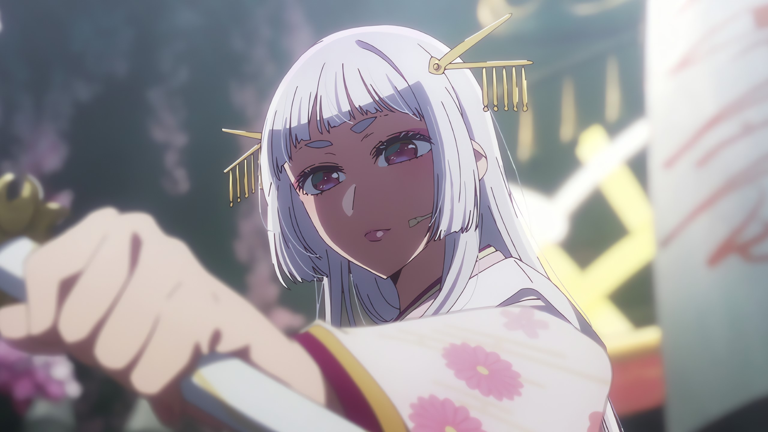 Akane Kurokawa Oshi No Ko Kimono White Hair Purple Eyes Sword Katana White Anime 2560x1440