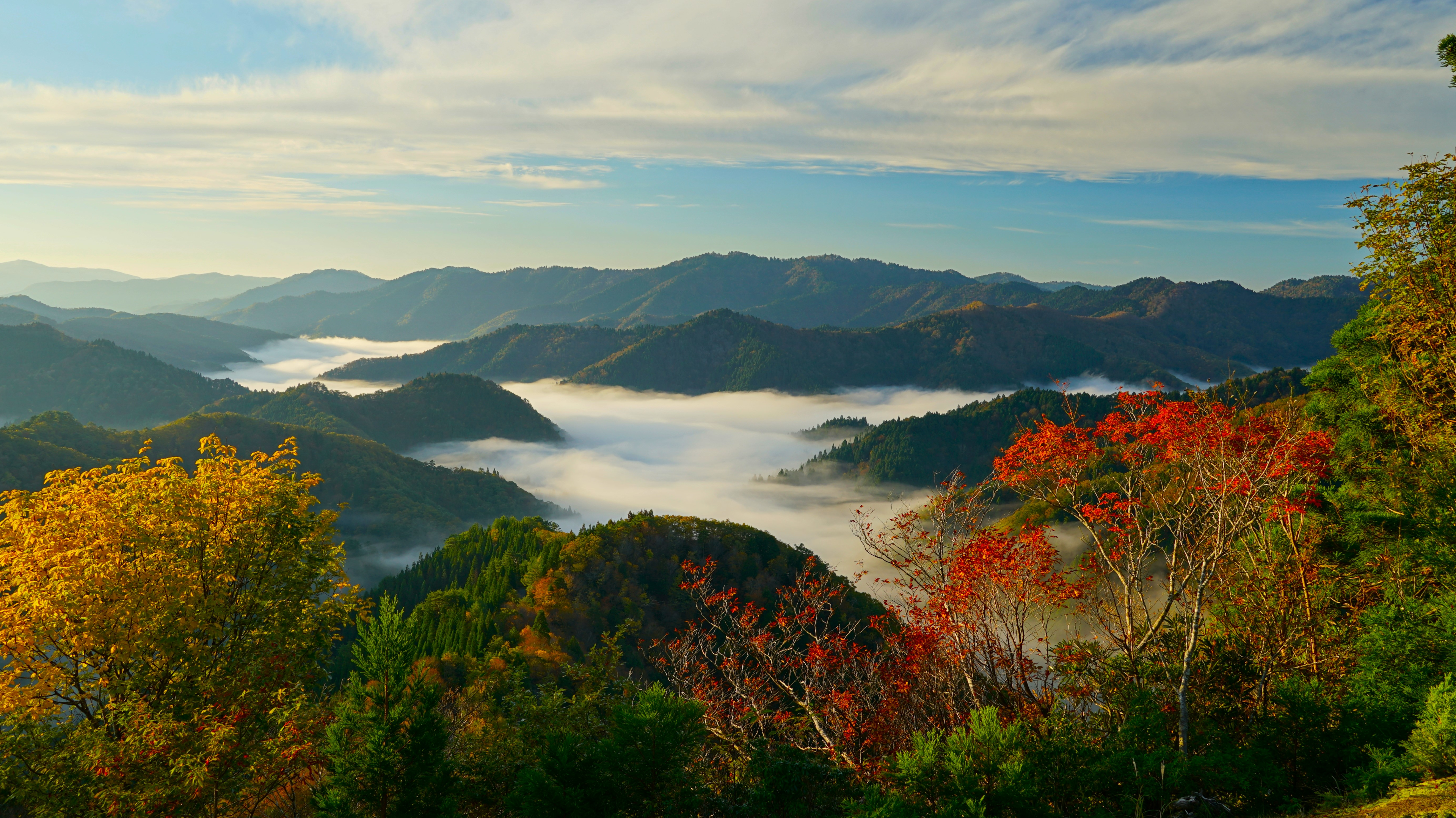 Nature Landscape Trees Sky Clouds Forest Mountains Mist Mountain View Fall Takashima Japan 3840x2160