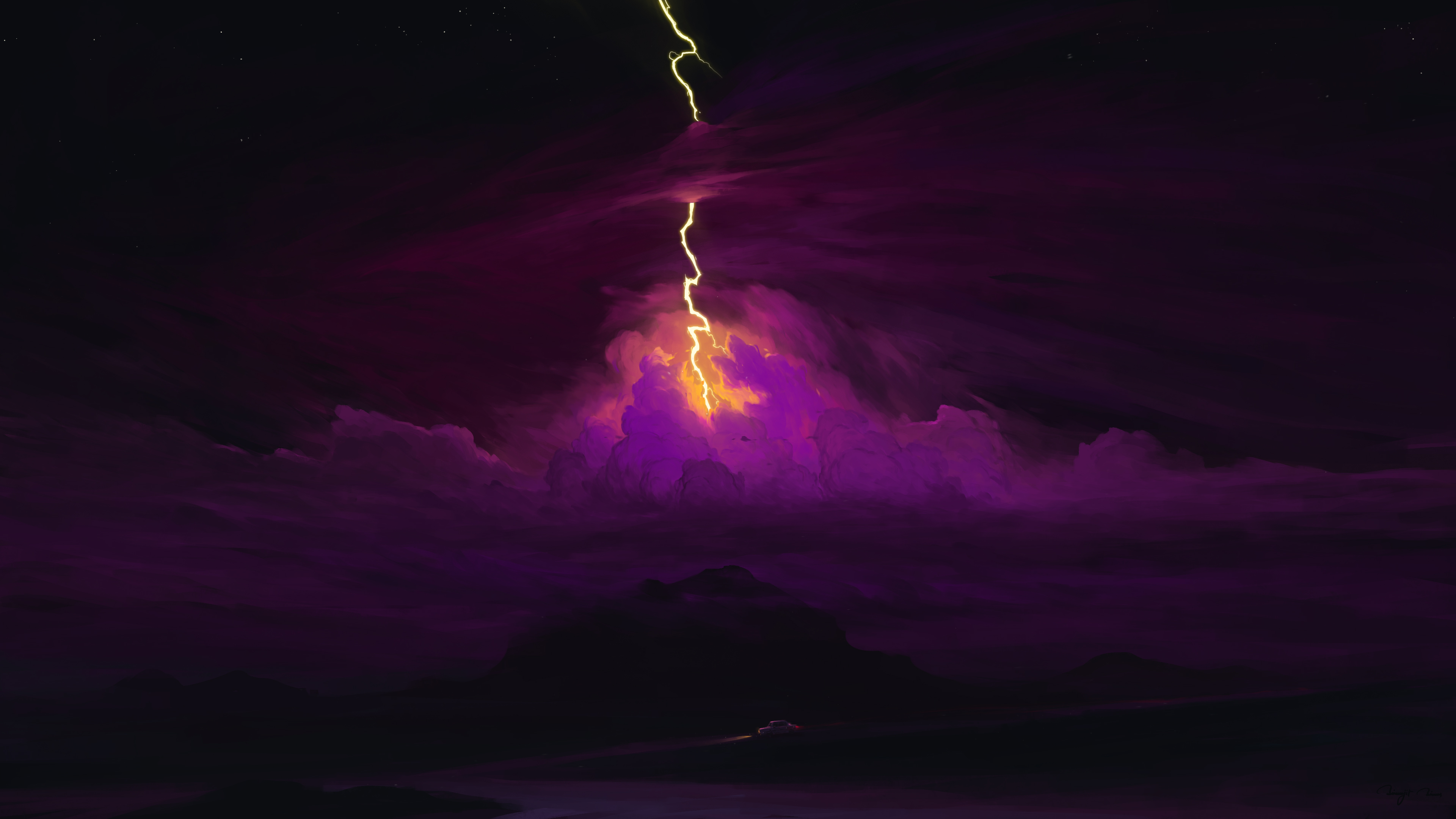 BisBiswas Digital Art Artwork Illustration Landscape Clouds Stars Sky Lightning Nature 4K Vehicle Ca 3840x2160