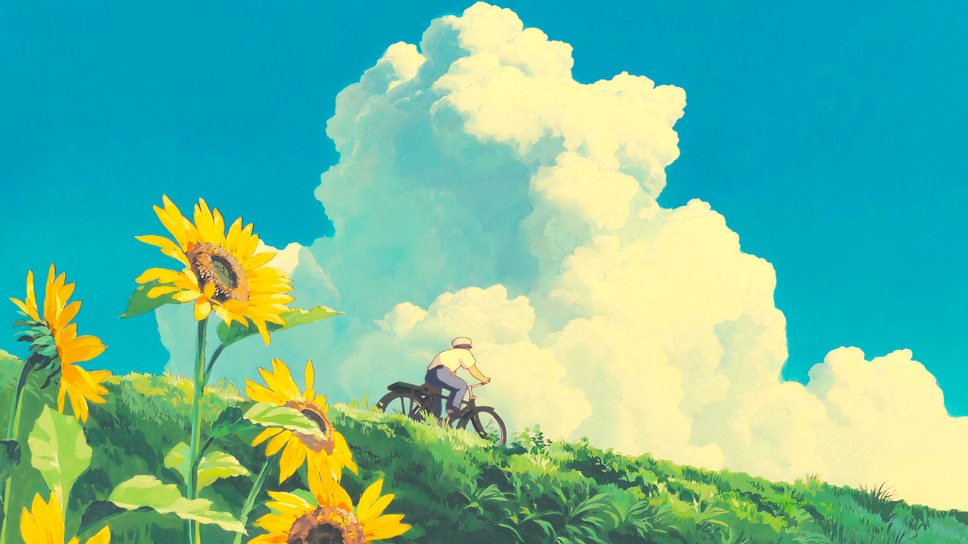 Artwork Anime Clouds Grass Sunflowers Sky Cycling 1920x1080