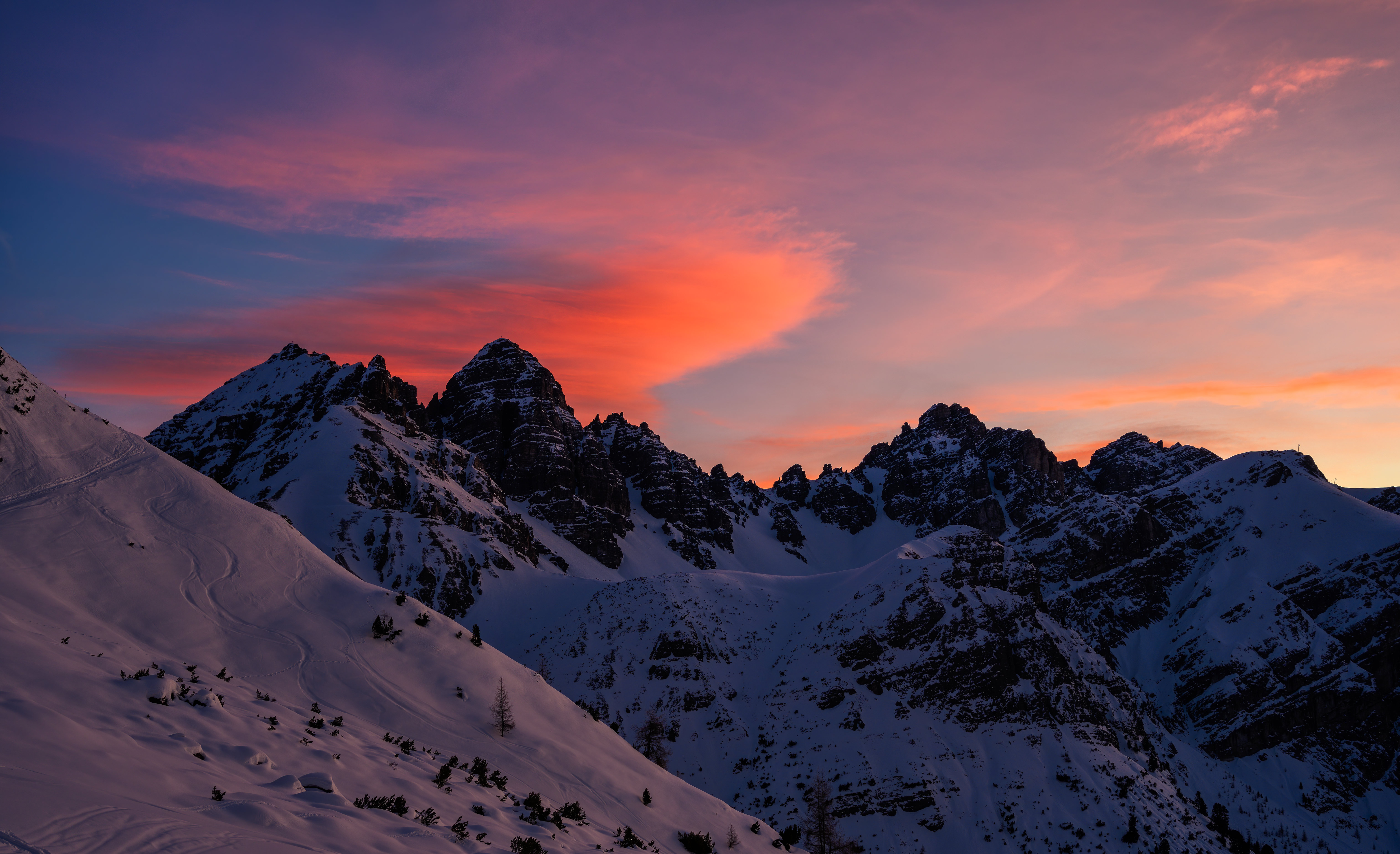 Nature Landscape Mountains Clouds Snow Winter Rocks Pink Clouds Sky Sunset Tyrol Austria 4100x2500