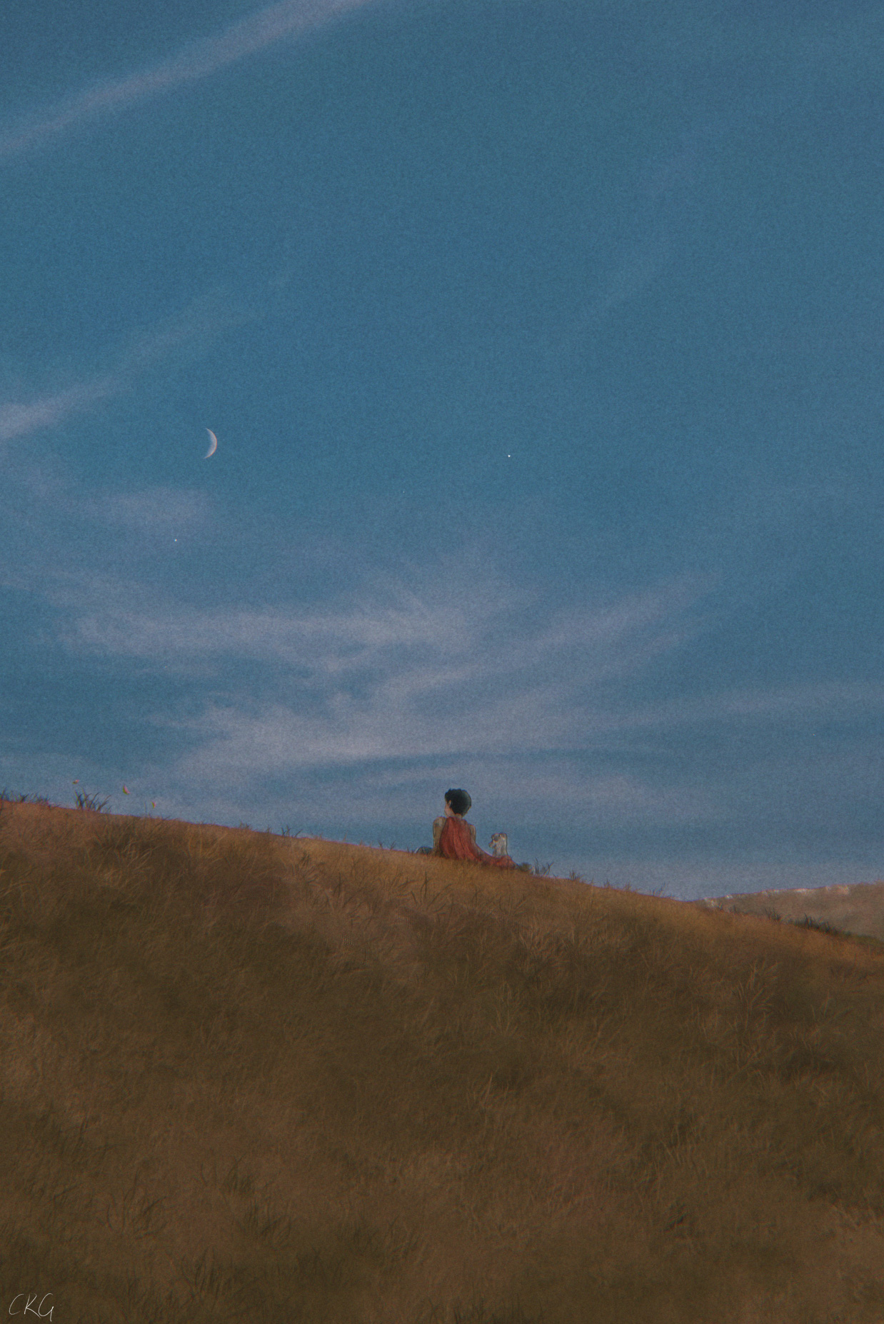 Dawn Outdoors Digital Art Nature Field Grass Sky Anime Dog Anime Boys Ridges Moon Sitting 1238x1854