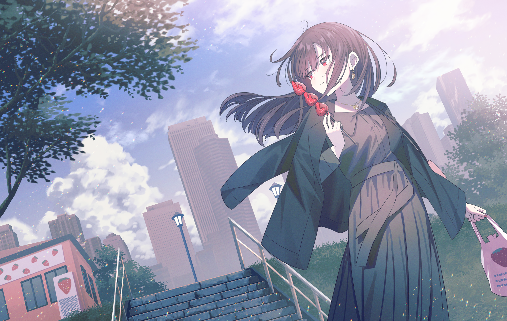 Koh RD Anime Girls Outdoors Women Outdoors Hair Blowing In The Wind Sky Clouds Building Looking Away 2000x1266