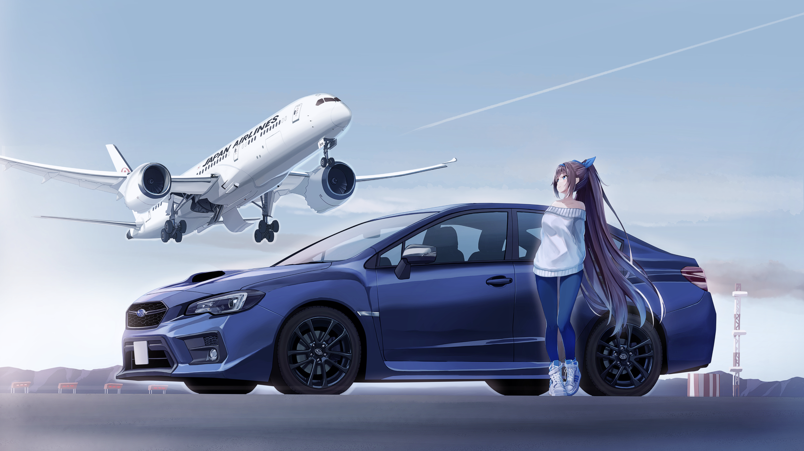 Anime Anime Girls Airplane Aircraft Subaru Japan Airlines Blue Cars Subaru WRX STi S208 2720x1526