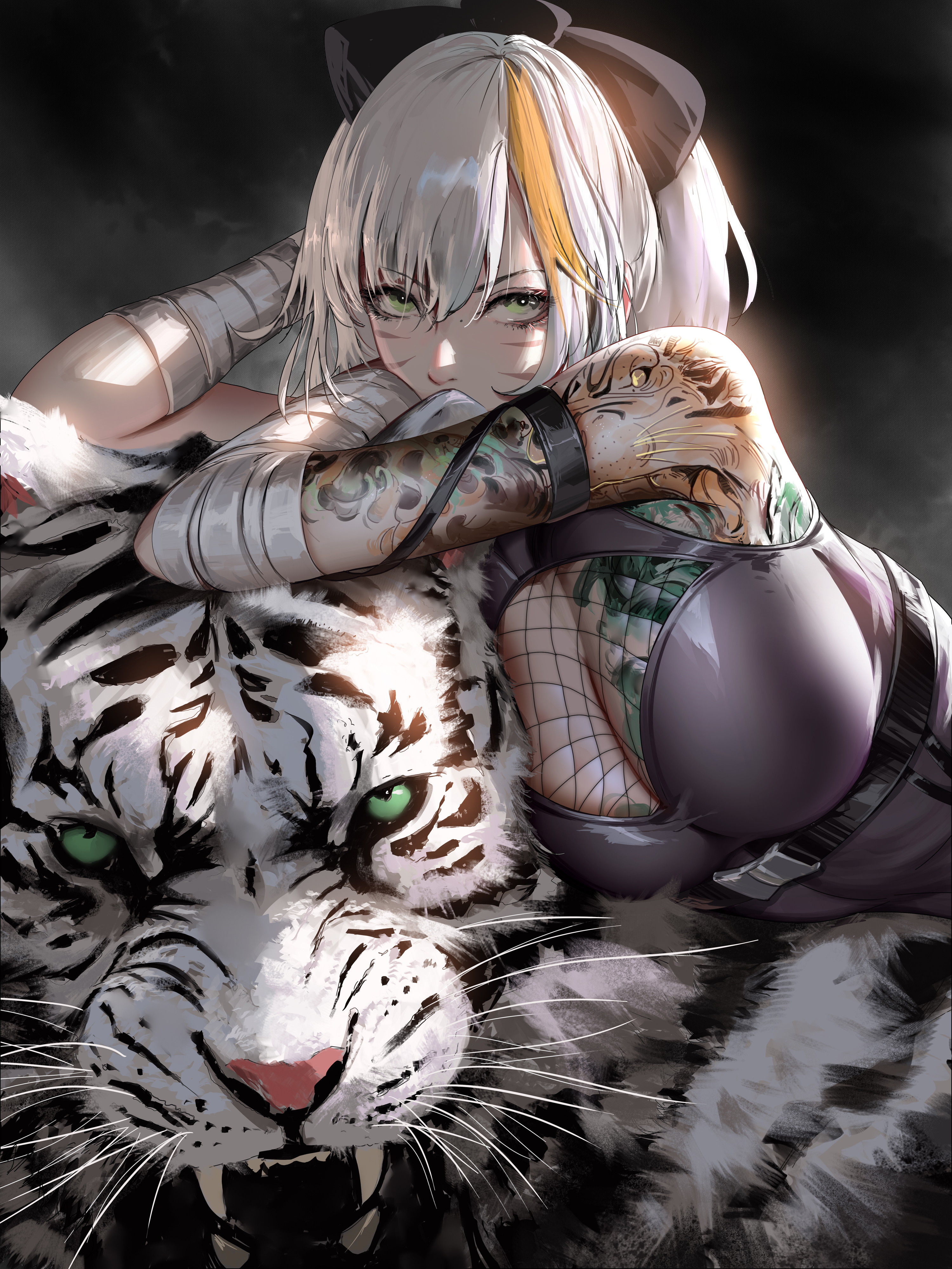 Women Tattoo Tiger Original Characters Looking At Viewer 2D Artwork Drawing Jason Liang 3000x4000