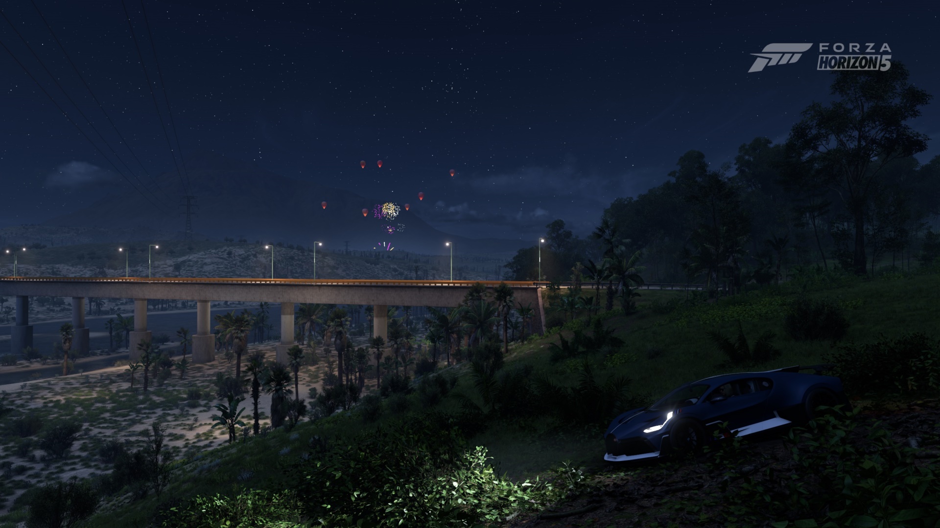Forza Horizon 5 Screen Shot Night Neon Car Fireworks Buggati Bugatti Divo Hypercar French Cars Volks 1920x1080