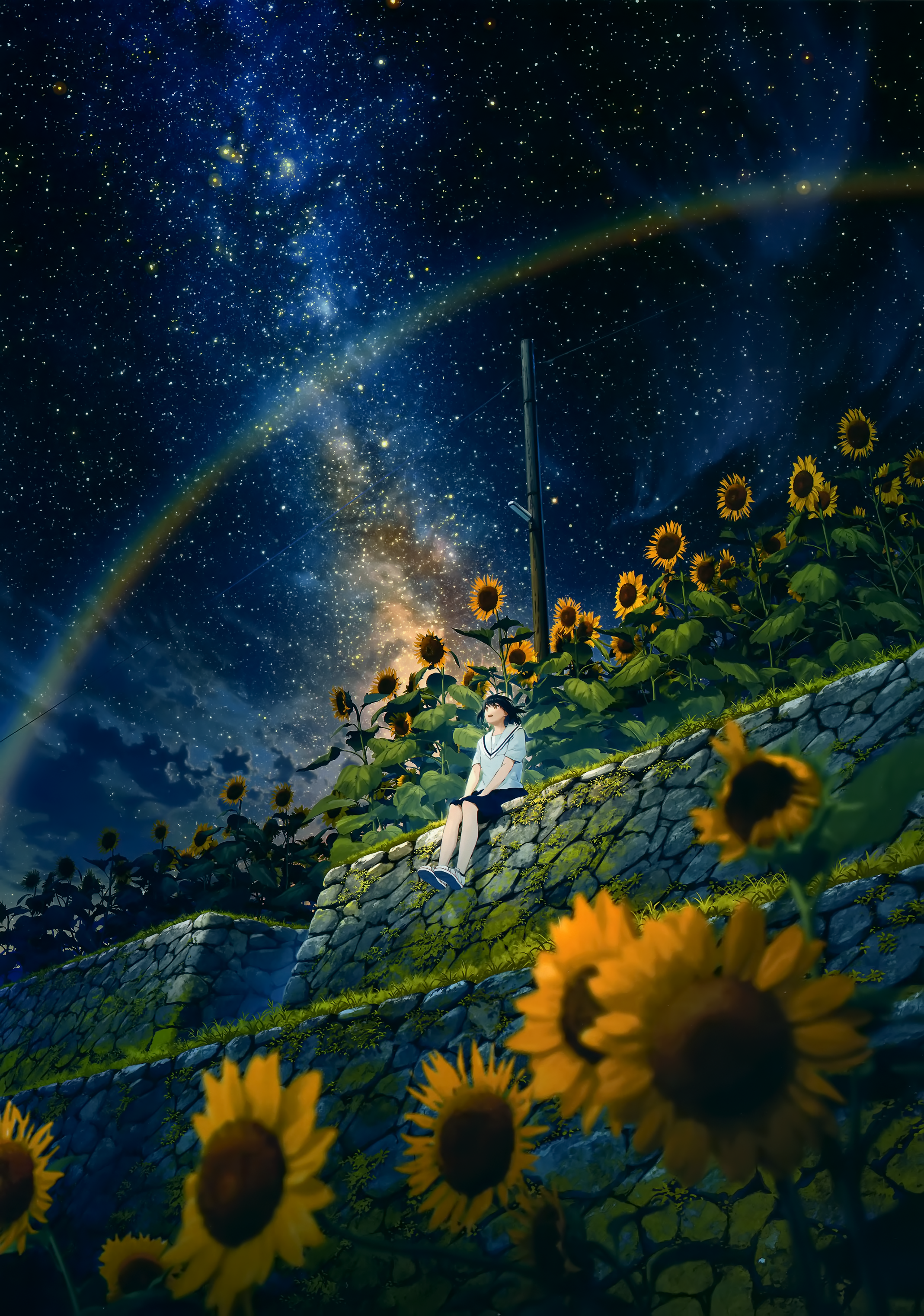 Mocha Sky Stars Night Sitting Leaves Sunflowers Looking Away Looking Up Starry Night Starred Sky Mil 2137x3045