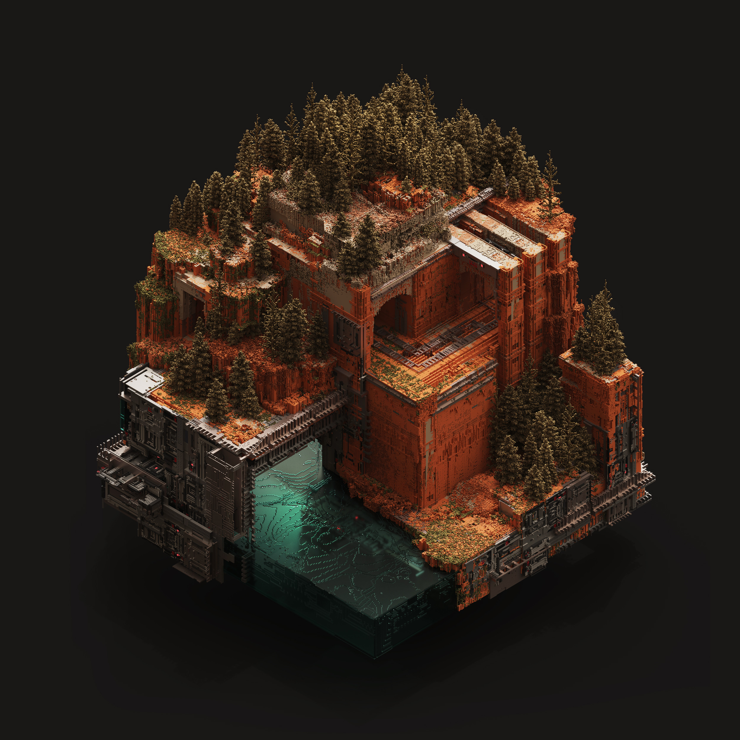 Mari Voxels Digital Art Isometric MagicaVoxel Architectural Concept Diorama Train Station Forest Fut 2500x2500