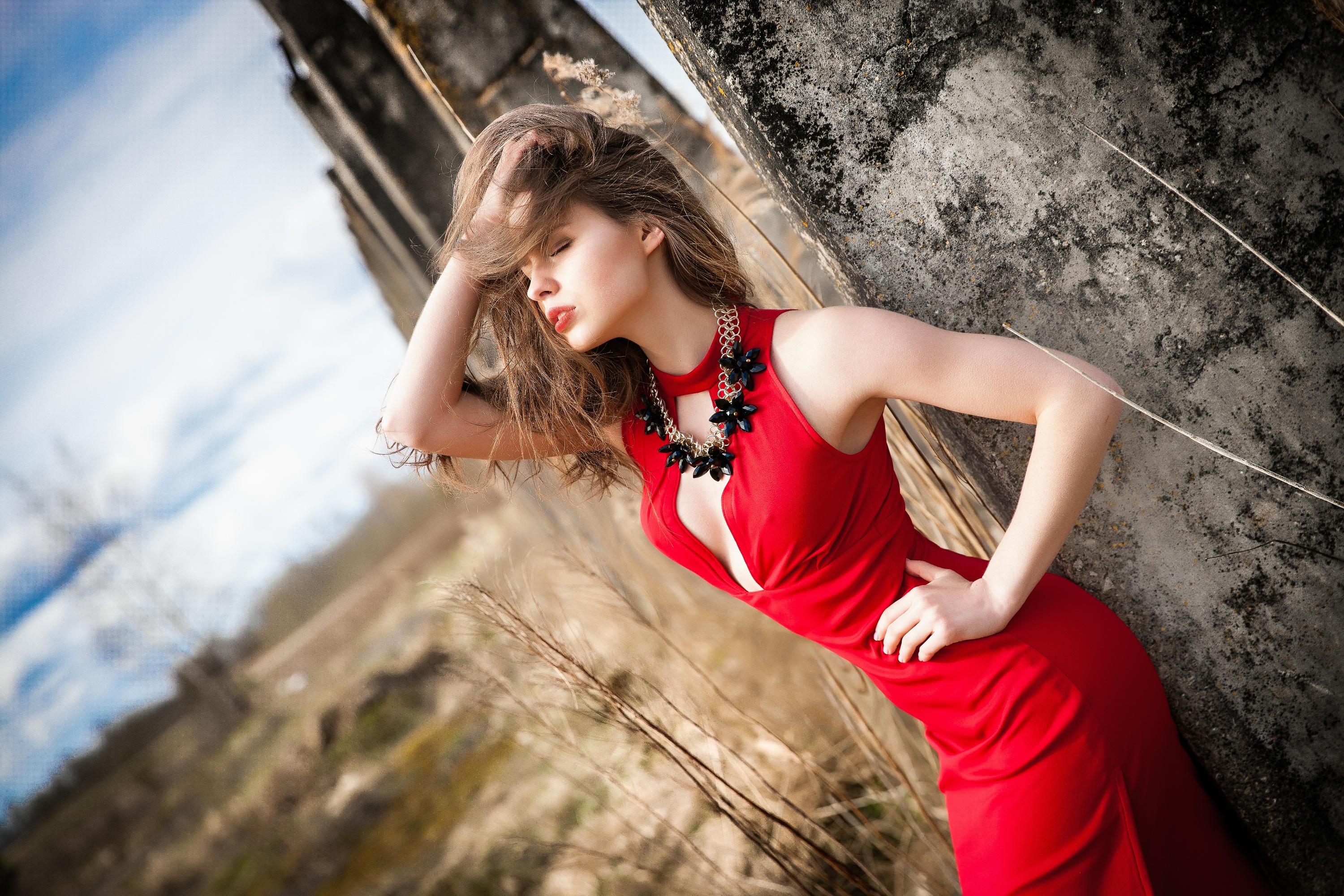 Model Red Lipstick Red Dress Closed Eyes Necklace Hands On Waist Hands In Hair Women Outdoors 3000x2000