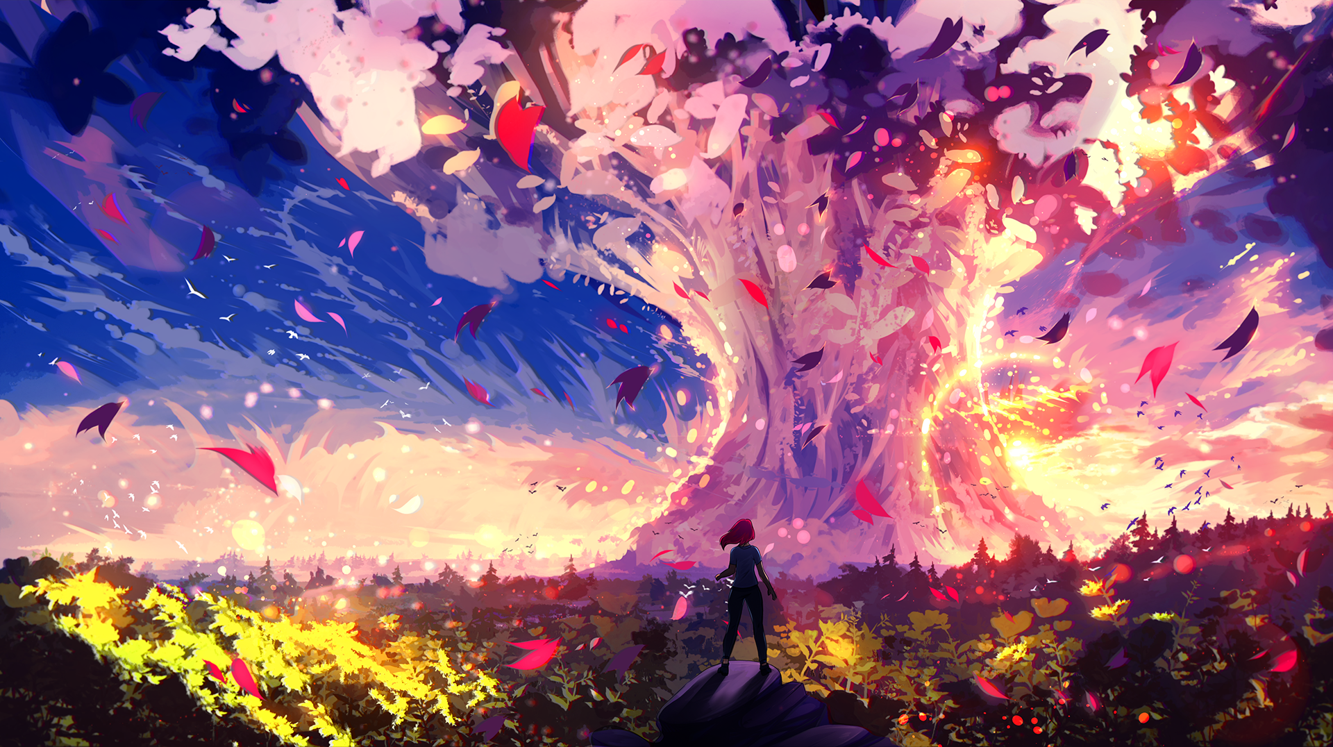 Greenery Explosion Colorful People Forest Windy Sky Digital Art 1920x1076