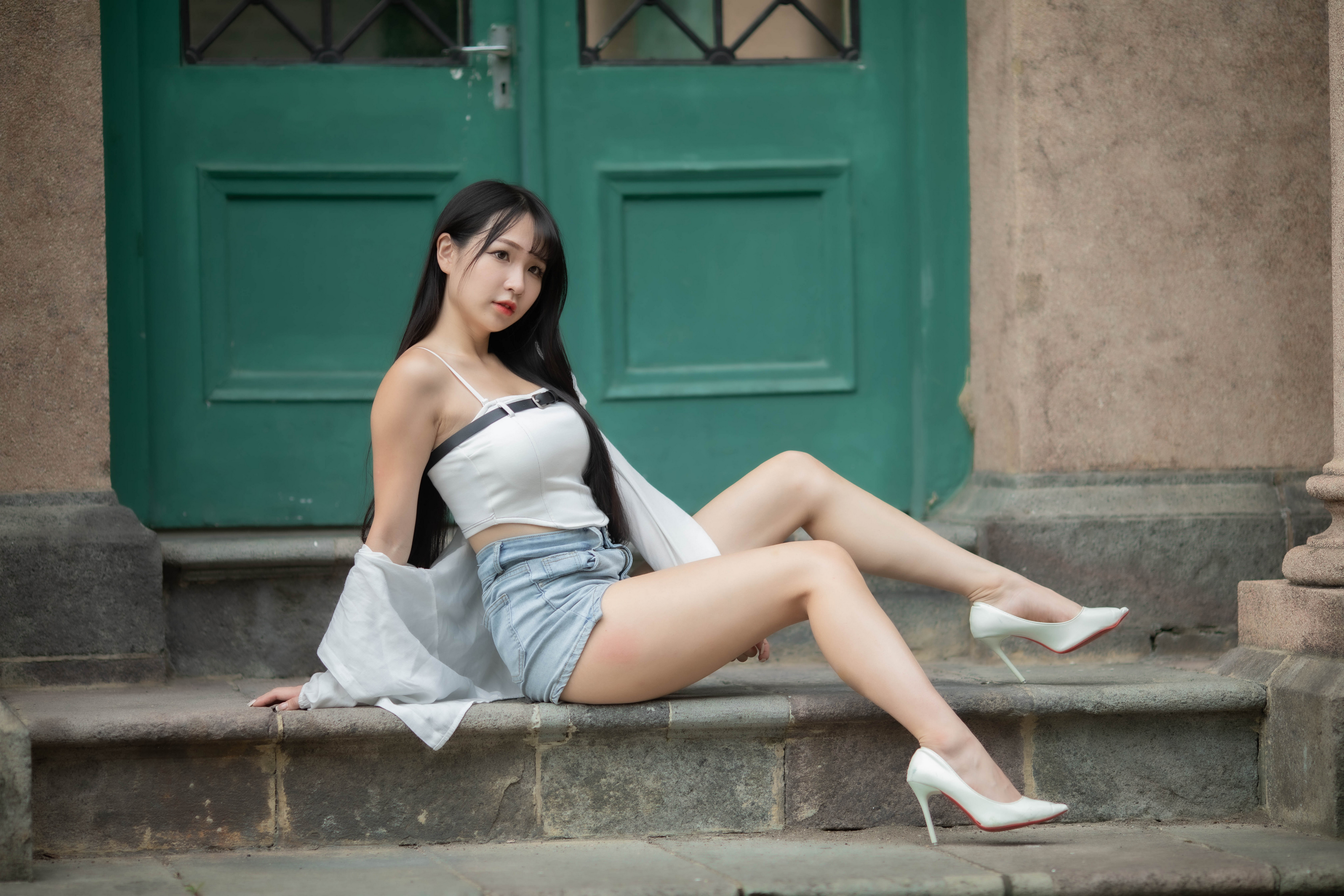 Asian Model Women Long Hair Dark Hair Sitting 3840x2560