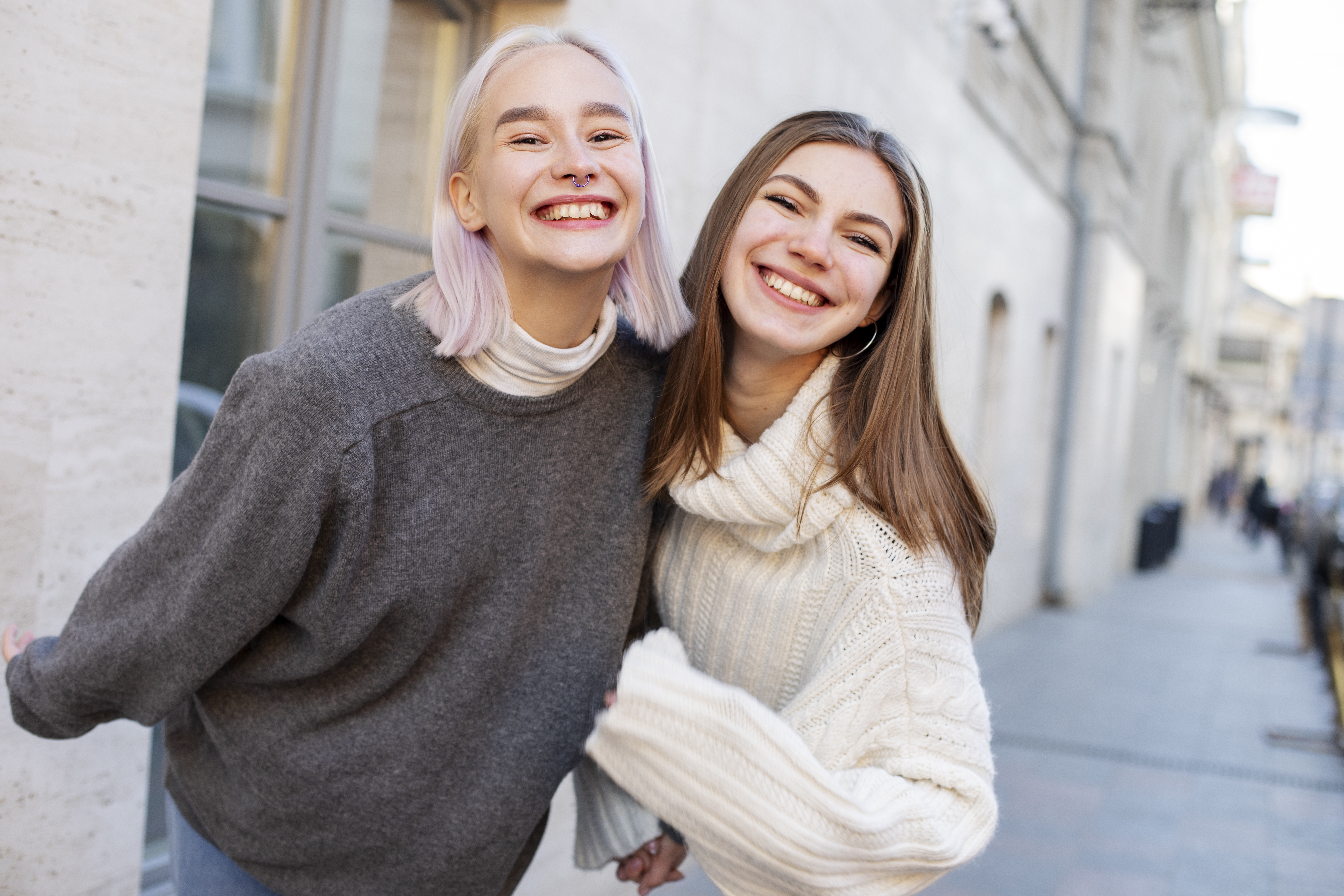Women Outdoors Sweater Smiling White Hair Brunette Sidewalks Two Women Pierced Nose 6720x4480