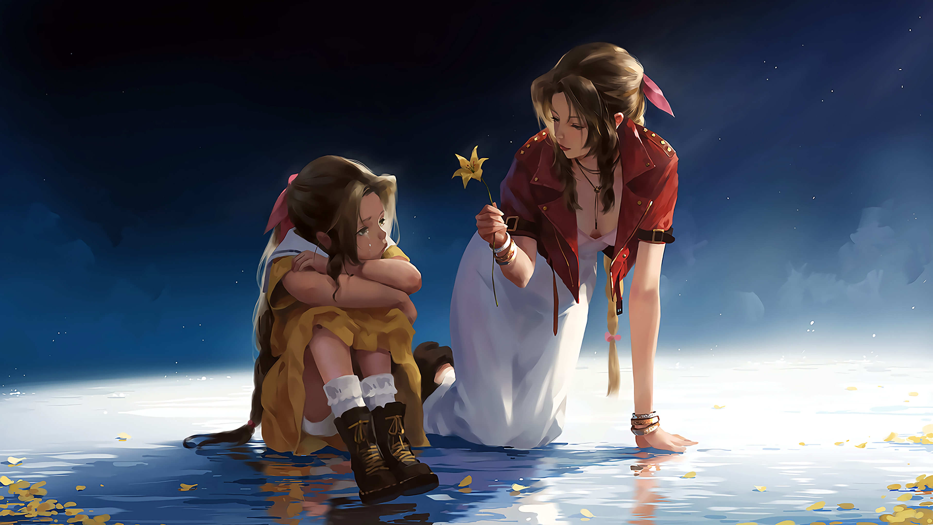 Final Fantasy Vii Aerith Gainsborough Water Teardrop Yellow Flowers Final Fantasy 3840x2160