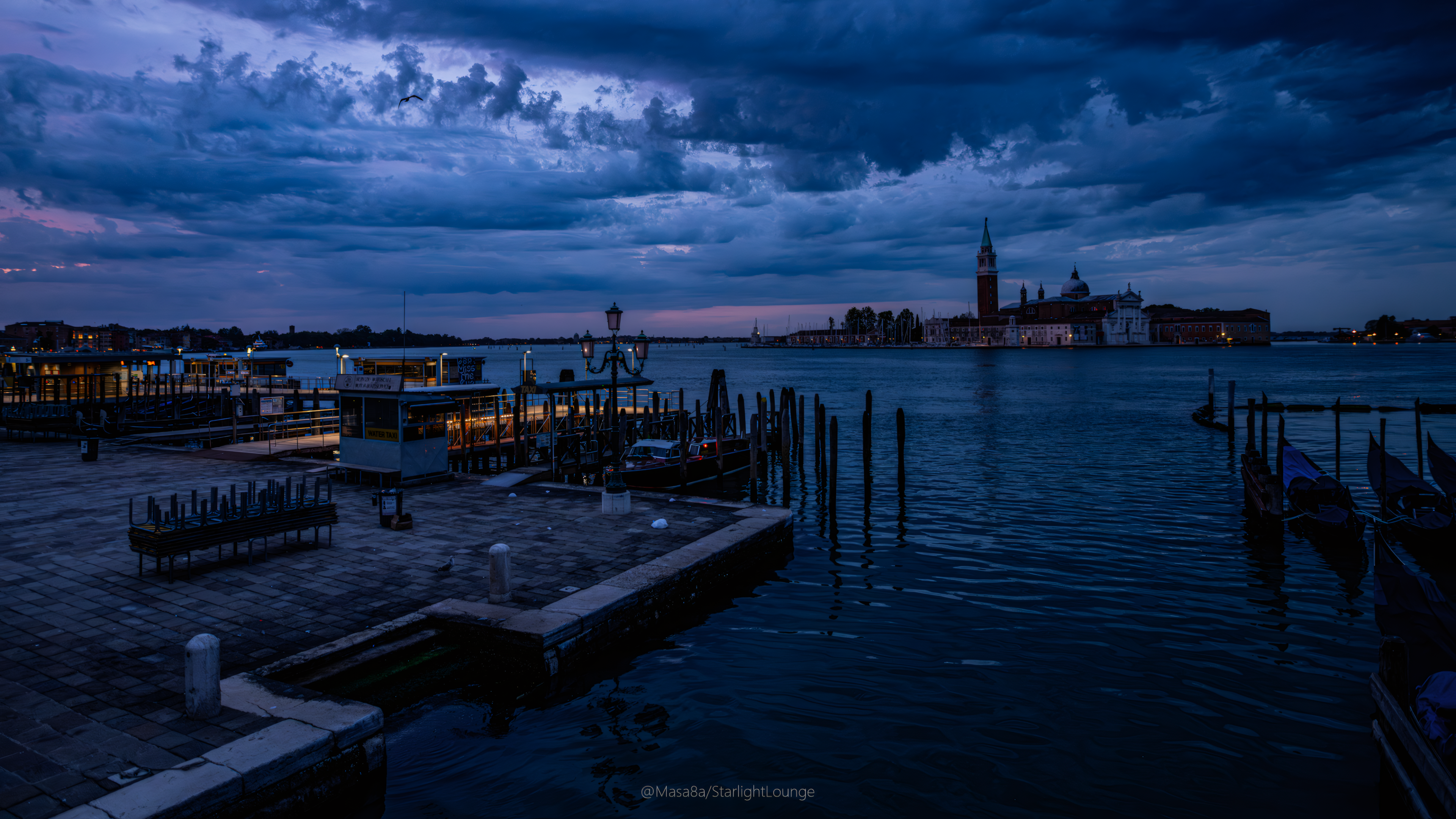 Masa8a Photography Sea Dock Boat Clouds Street Light 3840x2160