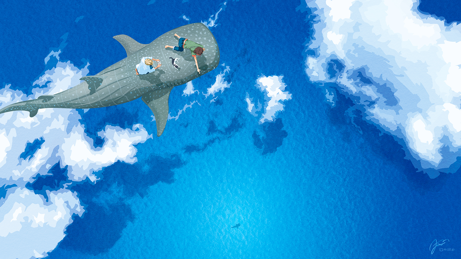 Artwork Digital Art Illustration Fantasy Art Whale Shark Children Cats Clouds Shadow Watermarked 1920x1080