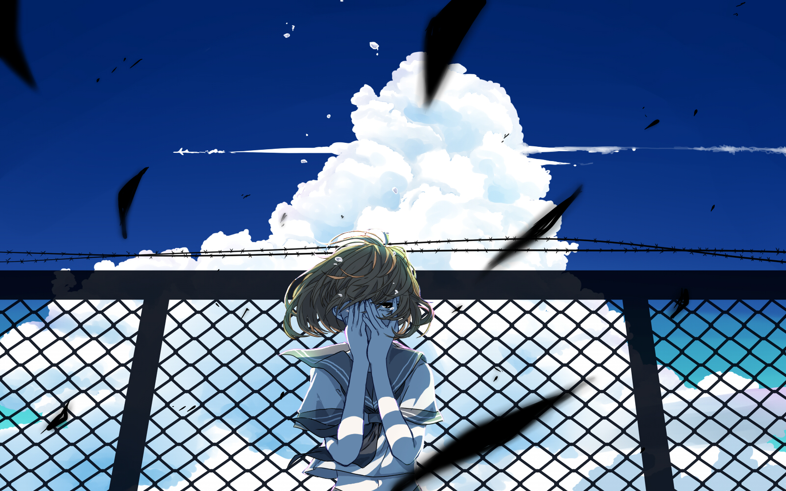 Clouds Anime Girls Fence Sky Rooftops School Uniform Anime 1600x1000