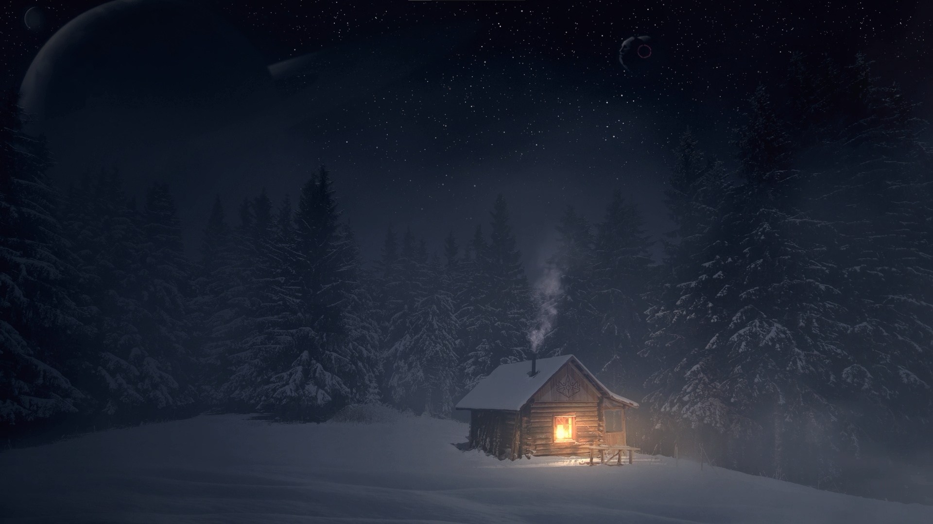 Cabin Snow Isolated Forest Stars 1920x1080