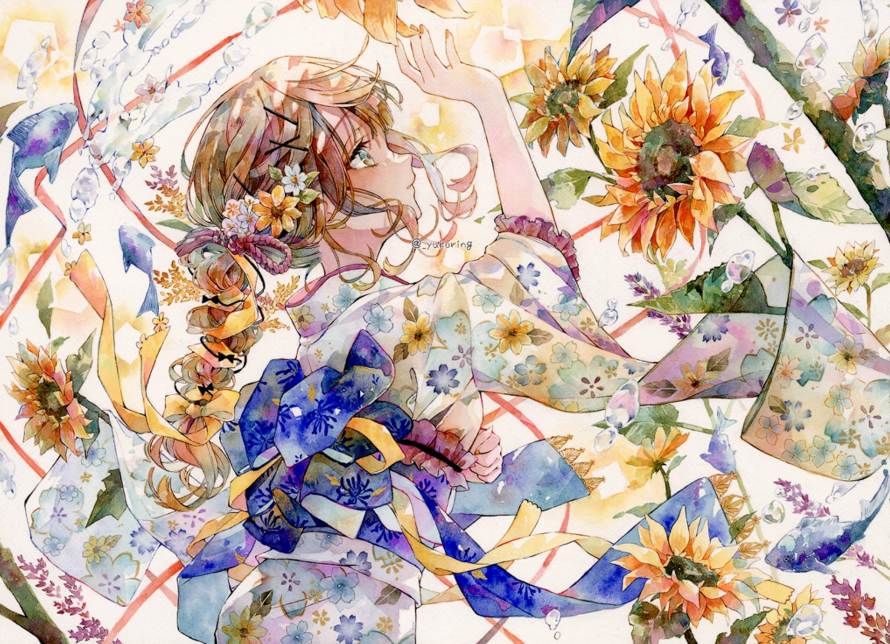 Yukoring Artwork Watercolor Watercolor Style Flowers Hair Ornament Ribbon Kimono Bubbles Yukata Prof 1812x1310