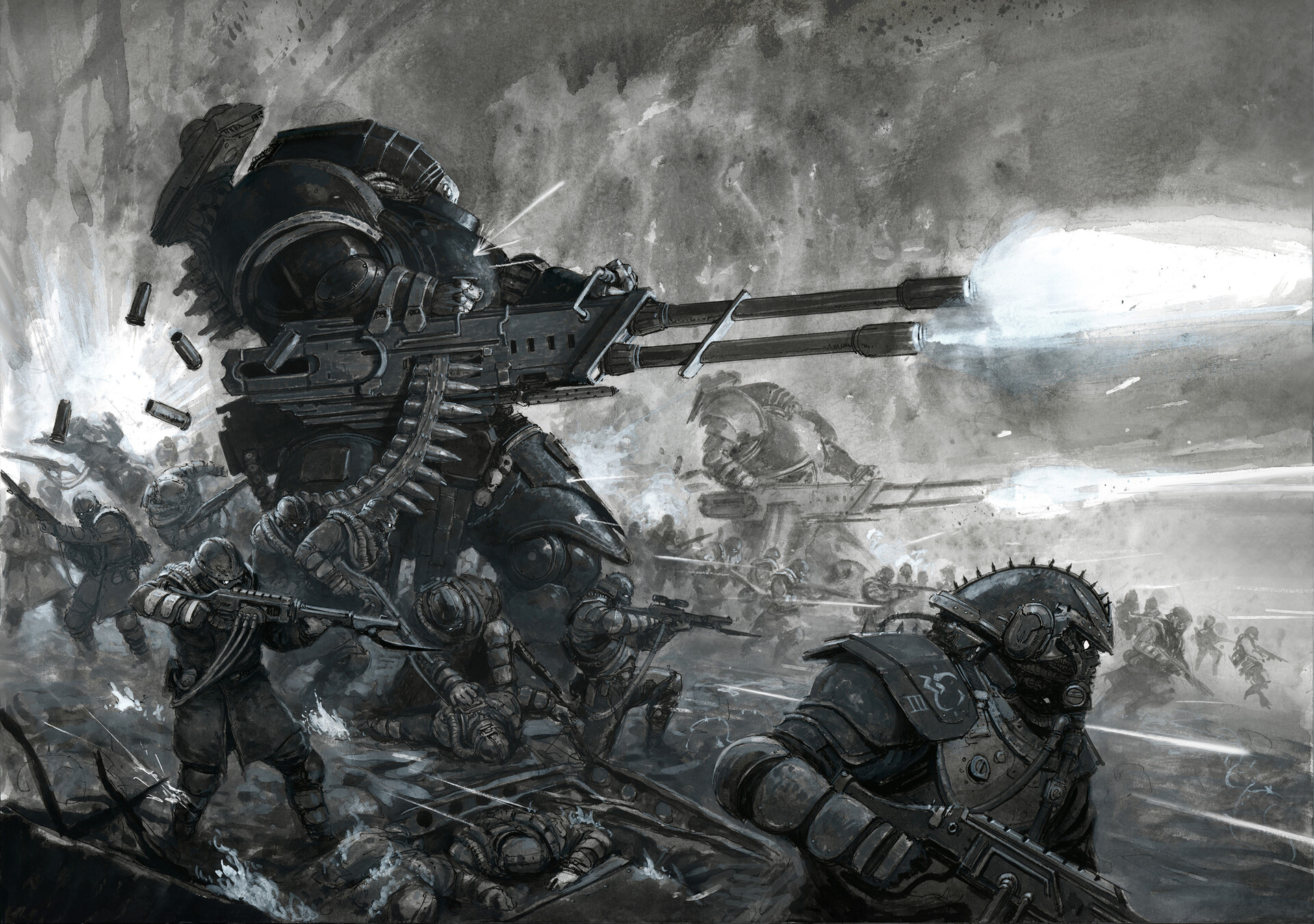 Smoke Fire War Monochrome Sparks Ink Warhammer 40 000 Ammunition Standing Video Game Art Soldier Vid 1920x1351